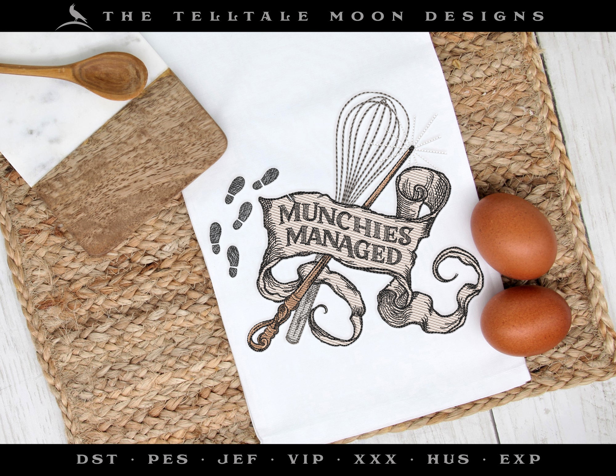 Embroidery: Sketch-style "Munchies Managed" Design - 5, 6, 7, 8, 9, 10, and 12 Inches Square
