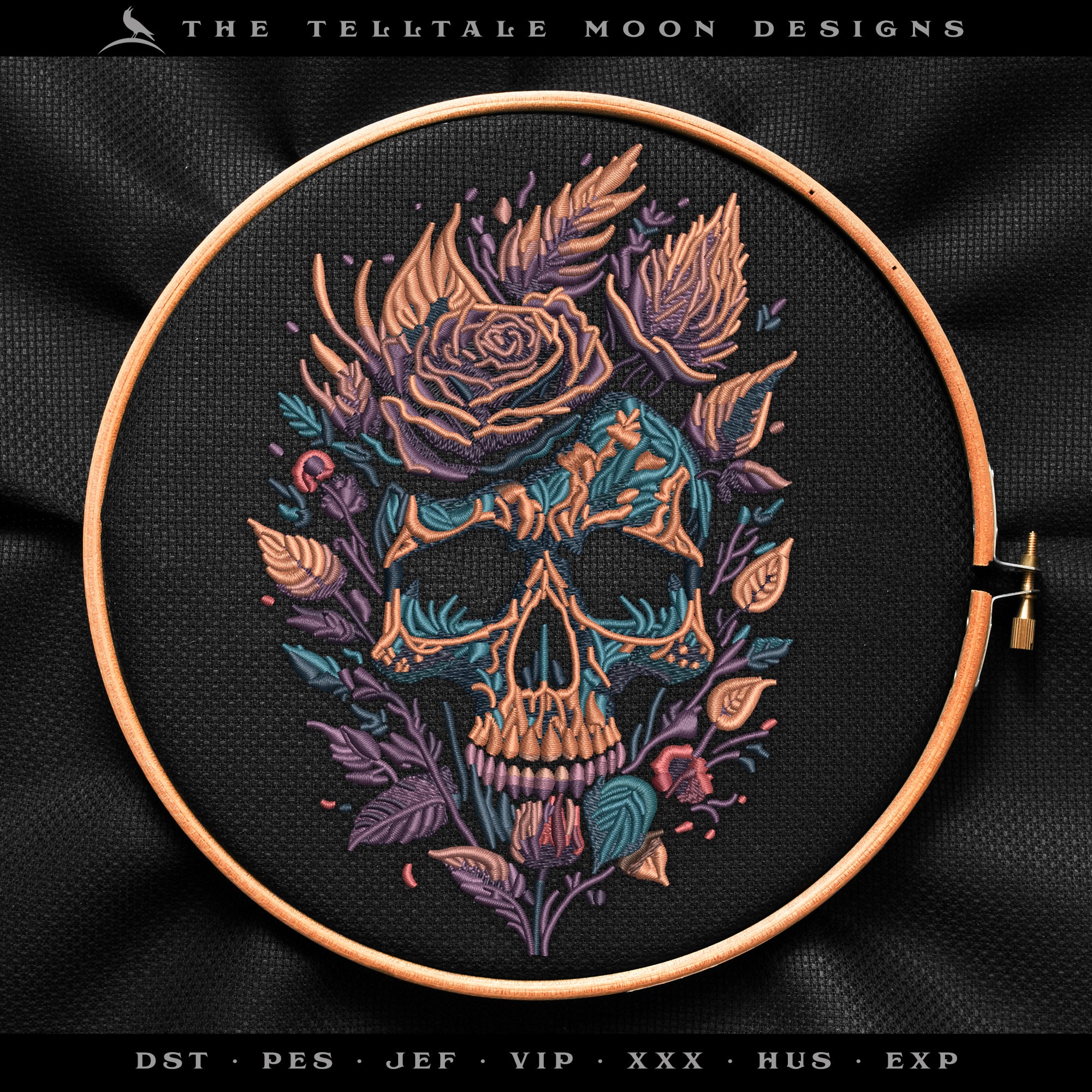 Embroidery: Elaborate Skull & Flower Painting (6, 7, 8, 9, and 10 Inches Tall; Twenty Thread Colors)