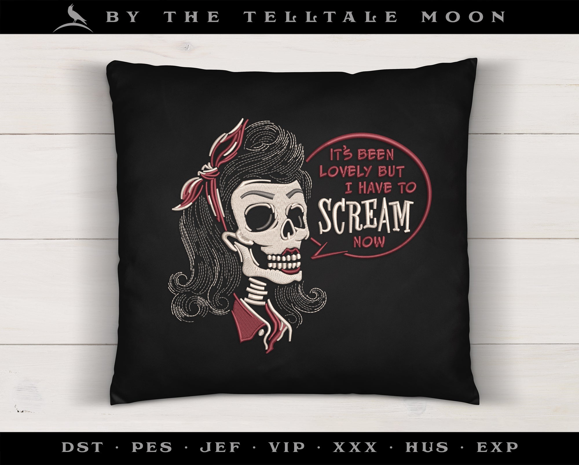 Embroidery: "It's Been Lovely" Rockabilly Skull - Six Sizes 5 to 9 Inches