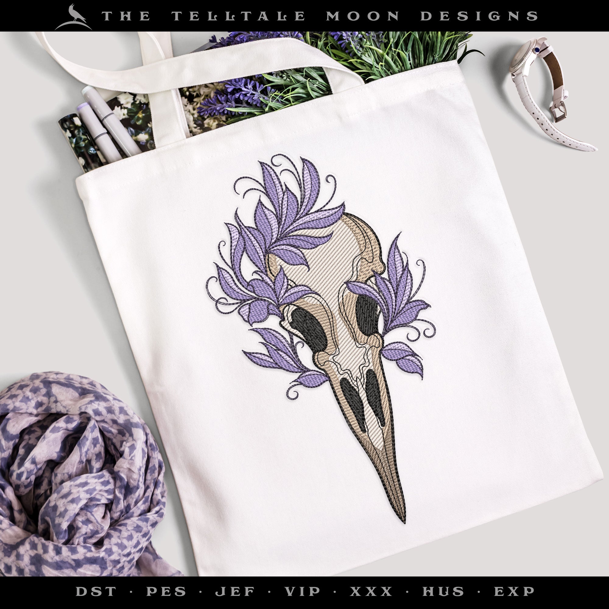 Embroidery Files: Bird Skull & Willows Sketch - Six Sizes Between 5 and 12 Inches Tall - Seven Thread Colors