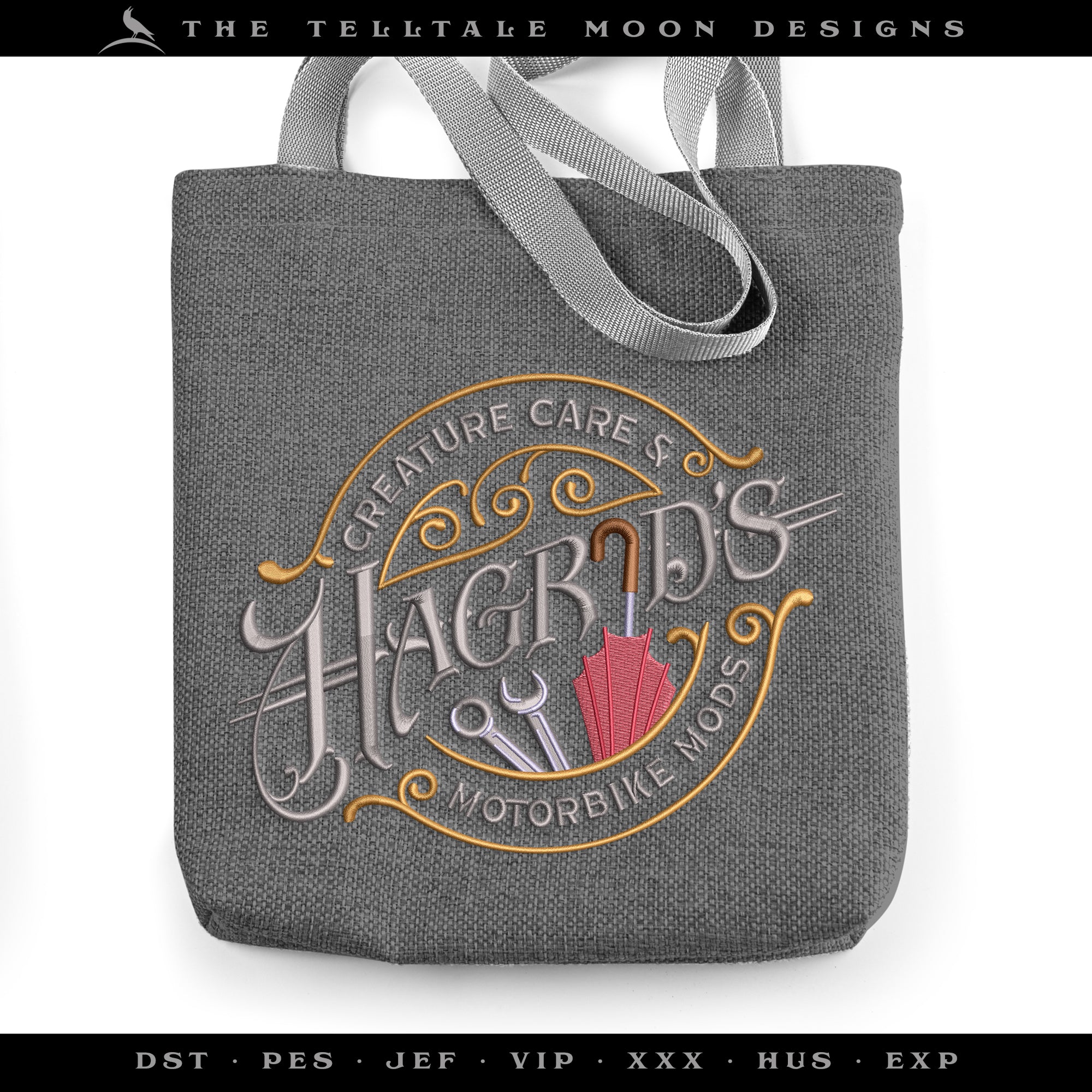Embroidery: "Hagrid's Garage" Wizard Mechanic Logo - Six Sizes Between 5 and 10 Inches