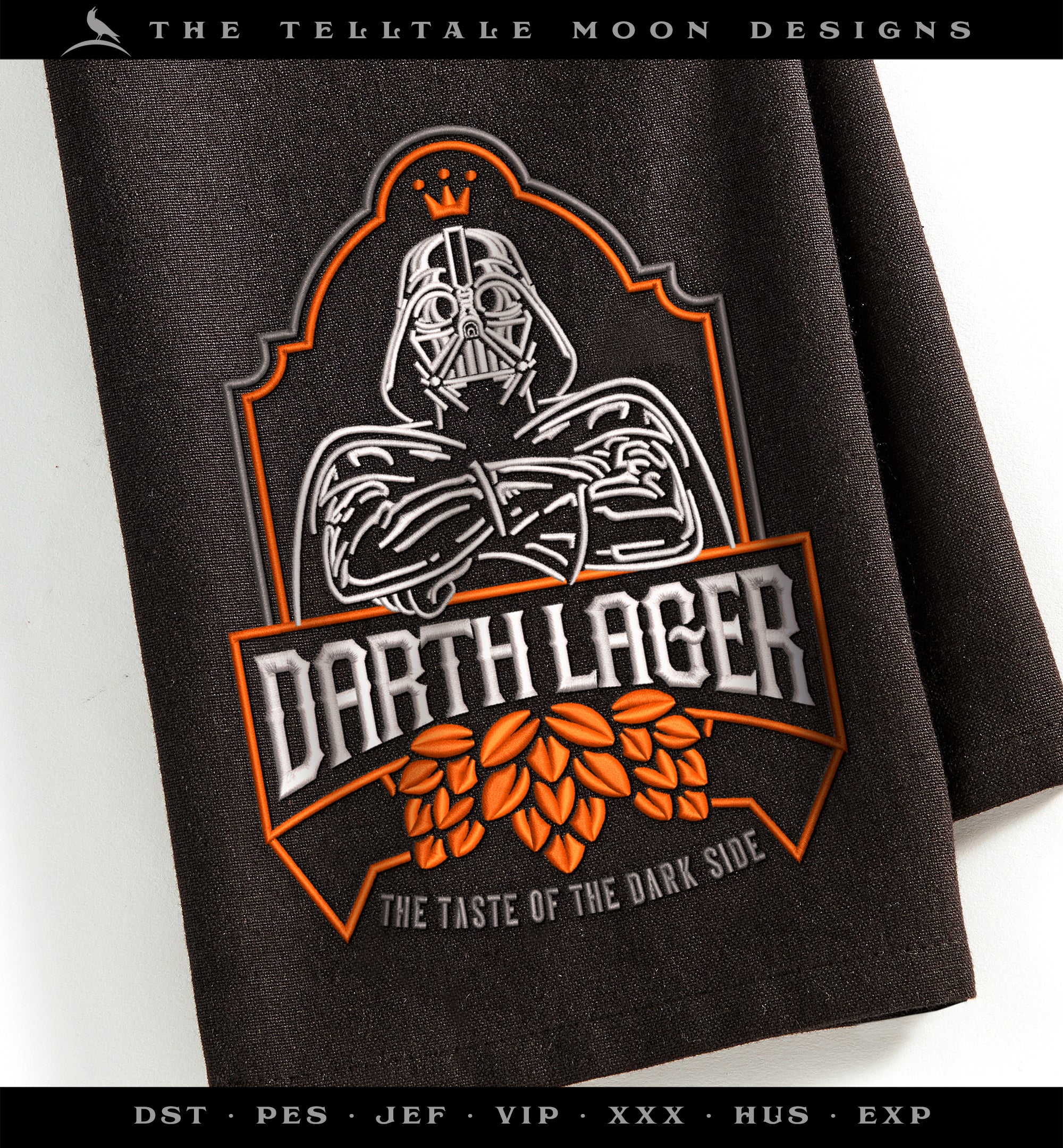 Machine Embroidery: Beer Nerd "Darth Lager" Label Design (6.8, 7.8, and 8.8 Inches Tall, Three Thread Colors)