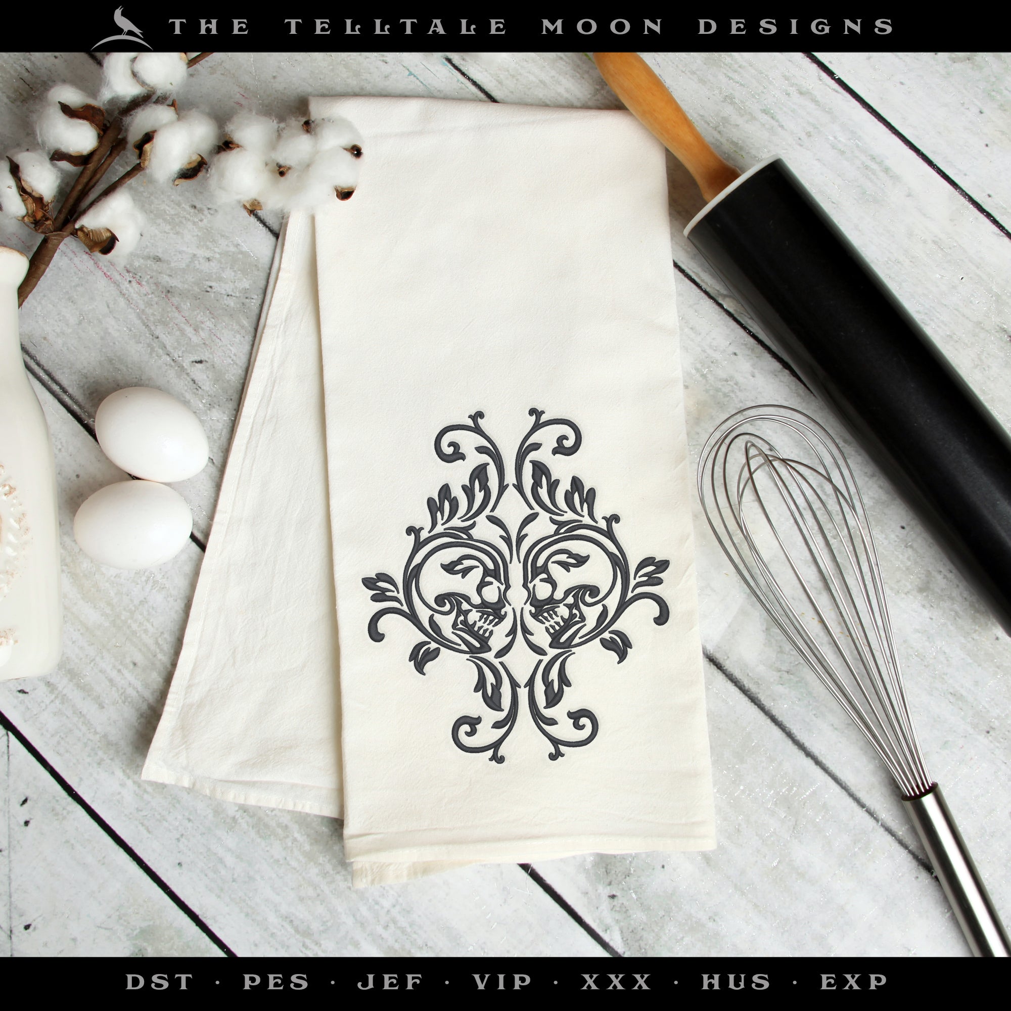 Embroidery: SET of Gothic Skull Damask Designs - Includes Double, Single, and Skull in Four Sizes