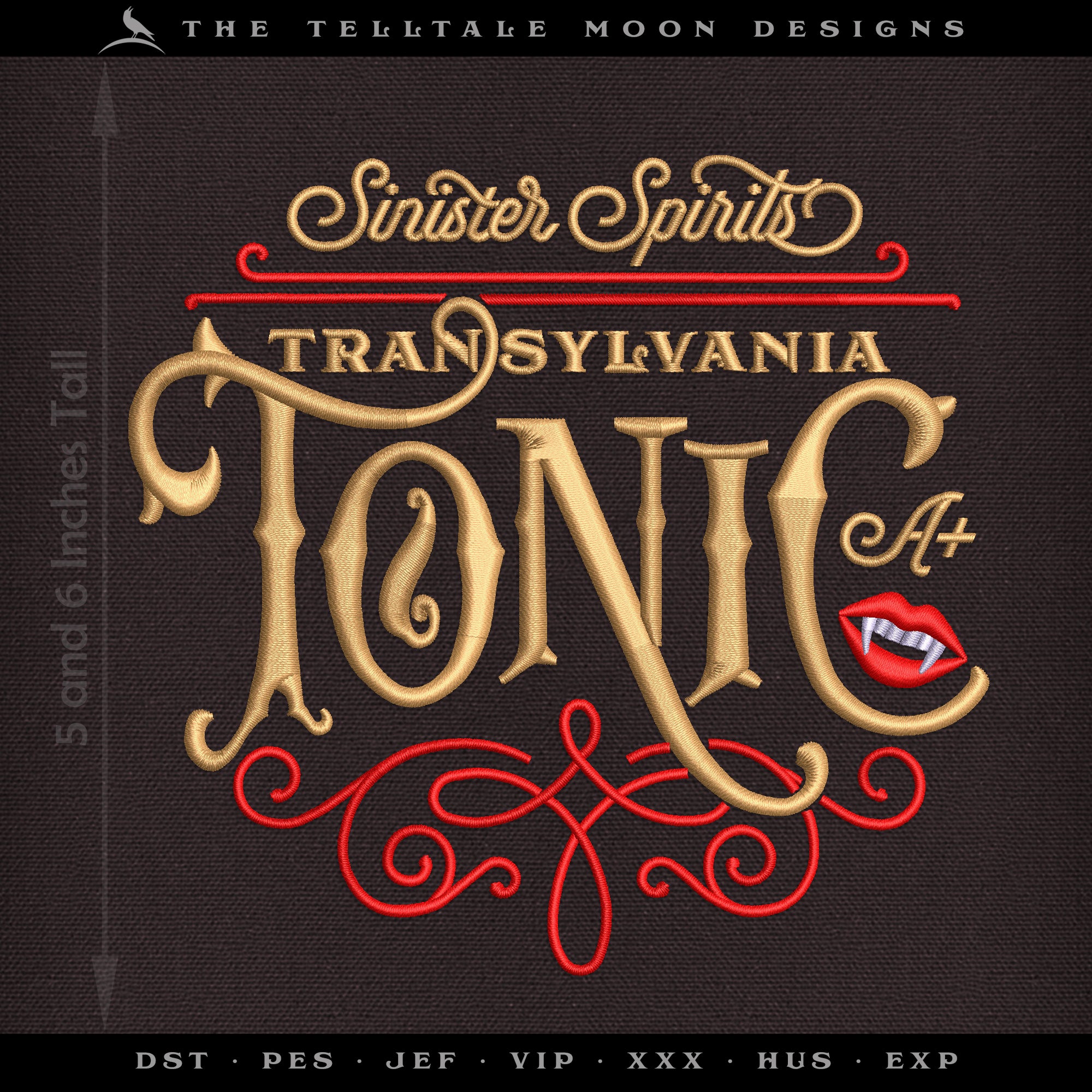 Embroidery: Vintage-style Transylvania Tonic Label (5 and 6 Inches Wide; Three Thread Colors)