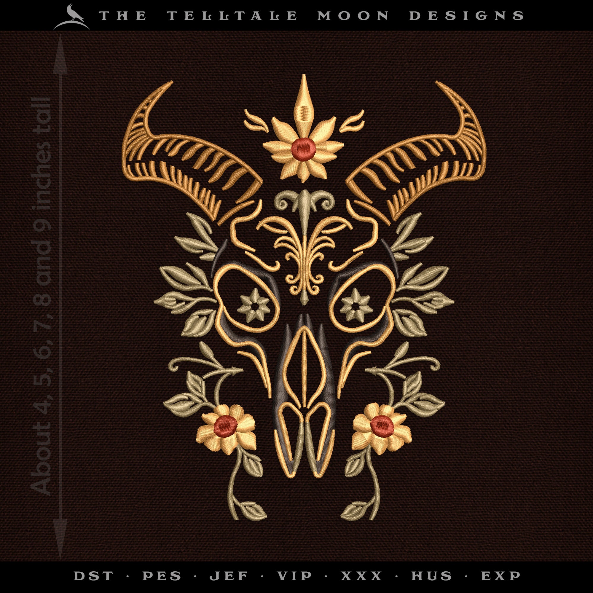 Embroidery: Ornate Goat Skull in Six Sizes - 4 to 9 Inches Tall