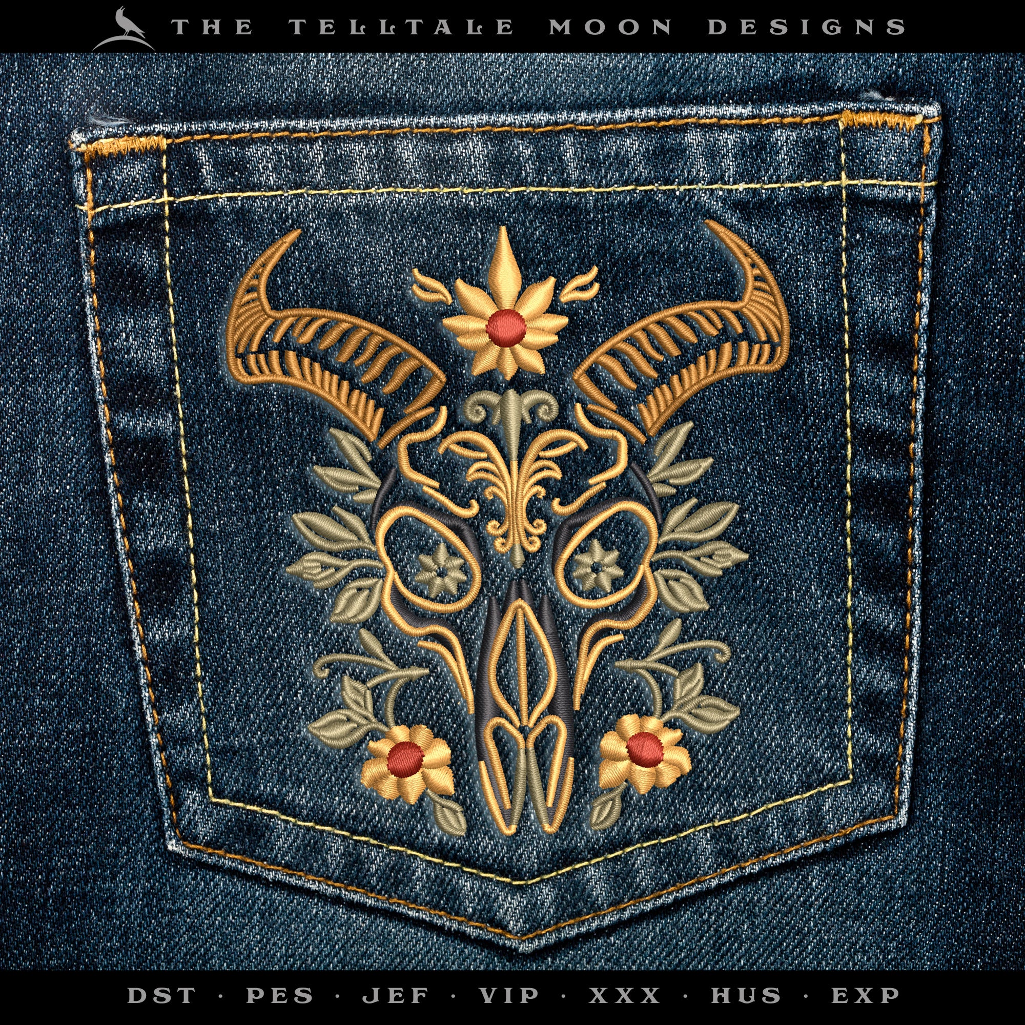 Embroidery: Ornate Goat Skull in Six Sizes - 4 to 9 Inches Tall