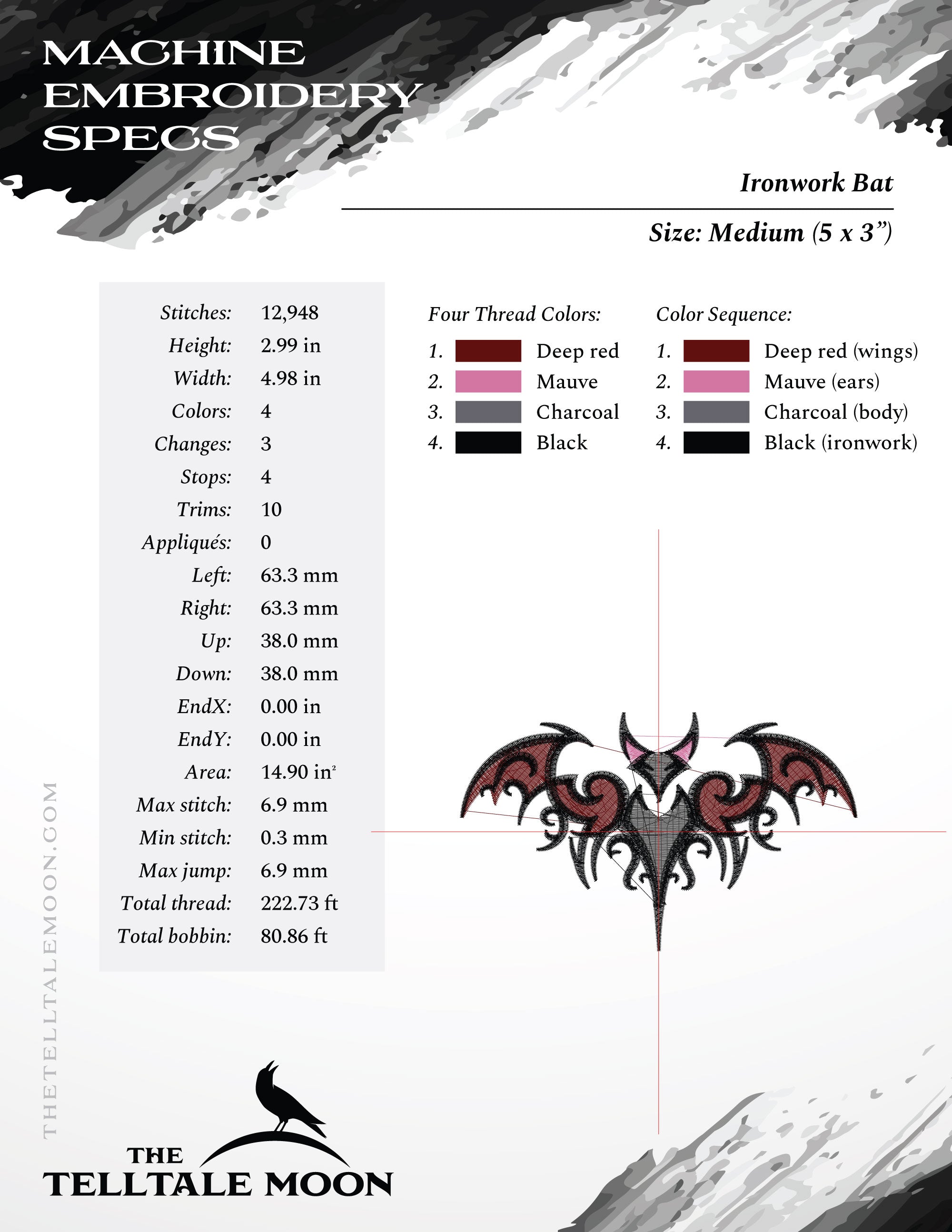 Embroidery: Gothic-style Ironwork Bat in Four Sizes Between 4 and 7 Inches Tall (Four Thread Colors)