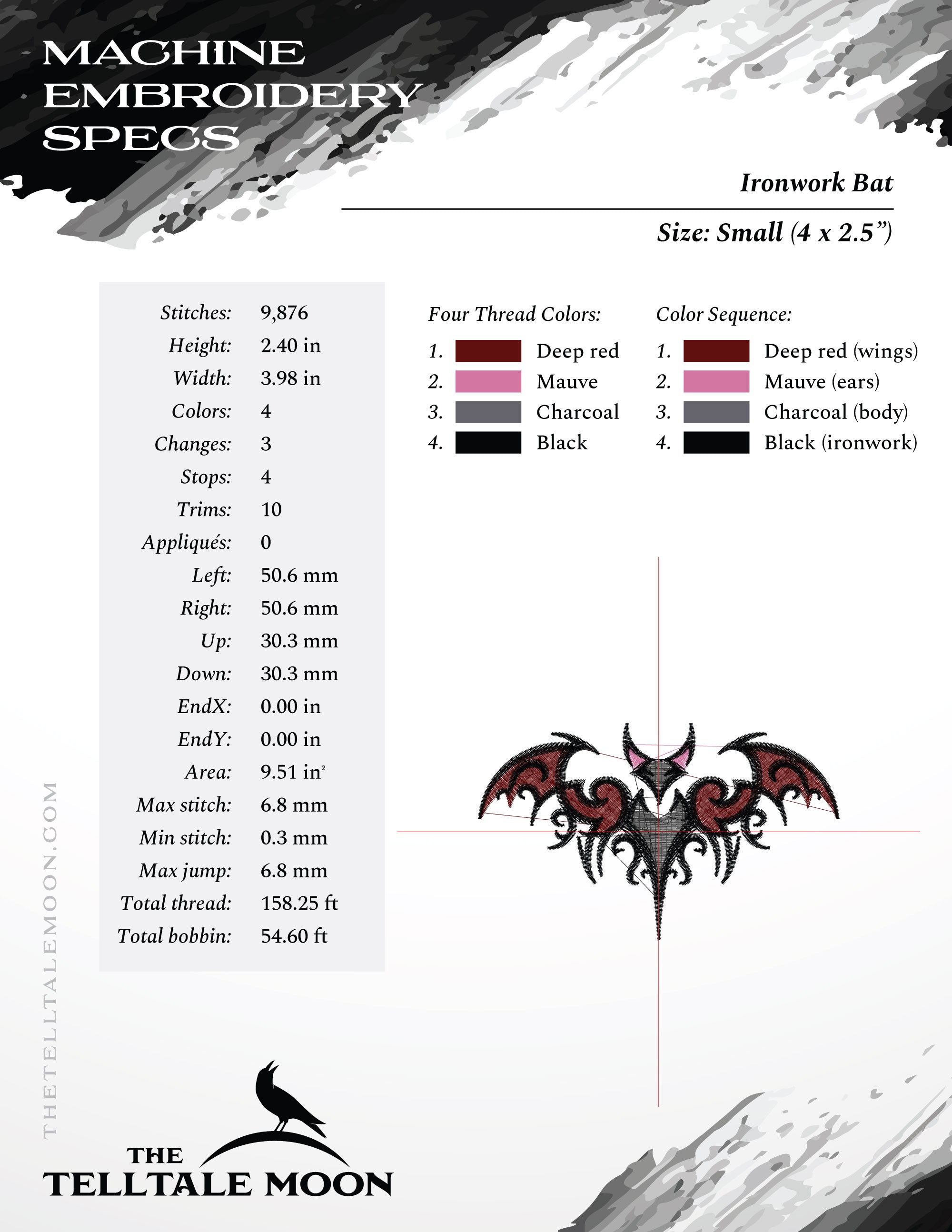 Embroidery: Gothic-style Ironwork Bat in Four Sizes Between 4 and 7 Inches Tall (Four Thread Colors)