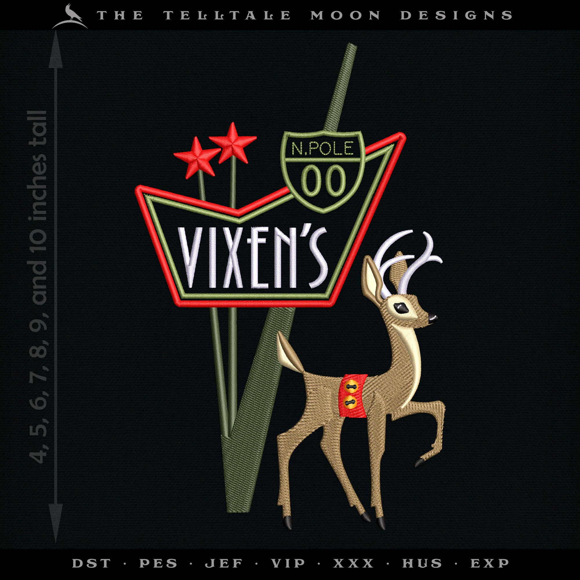 Embroidery: "Vixen's" Midcentury Retro Sign - Eight Sizes Between 4 and 12 Inches Tall