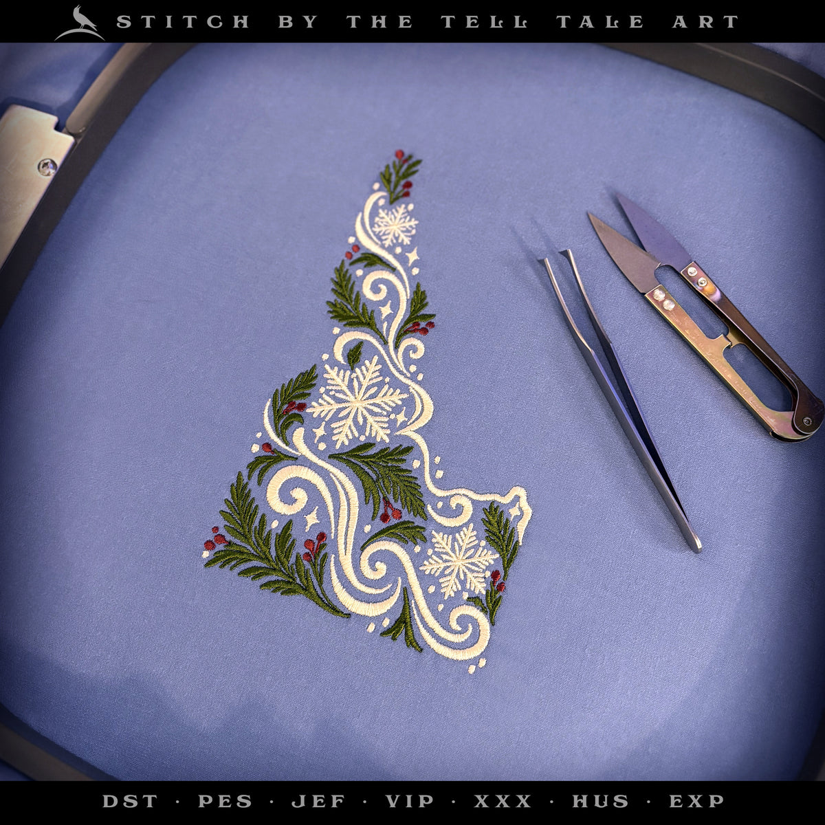 Winter Idaho Embroidery Design – Snowflakes & Pine – 6.5 to 11.5 Inches
