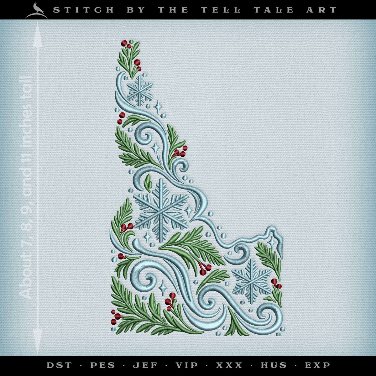 Winter Idaho Embroidery Design – Snowflakes & Pine – 6.5 to 11.5 Inches
