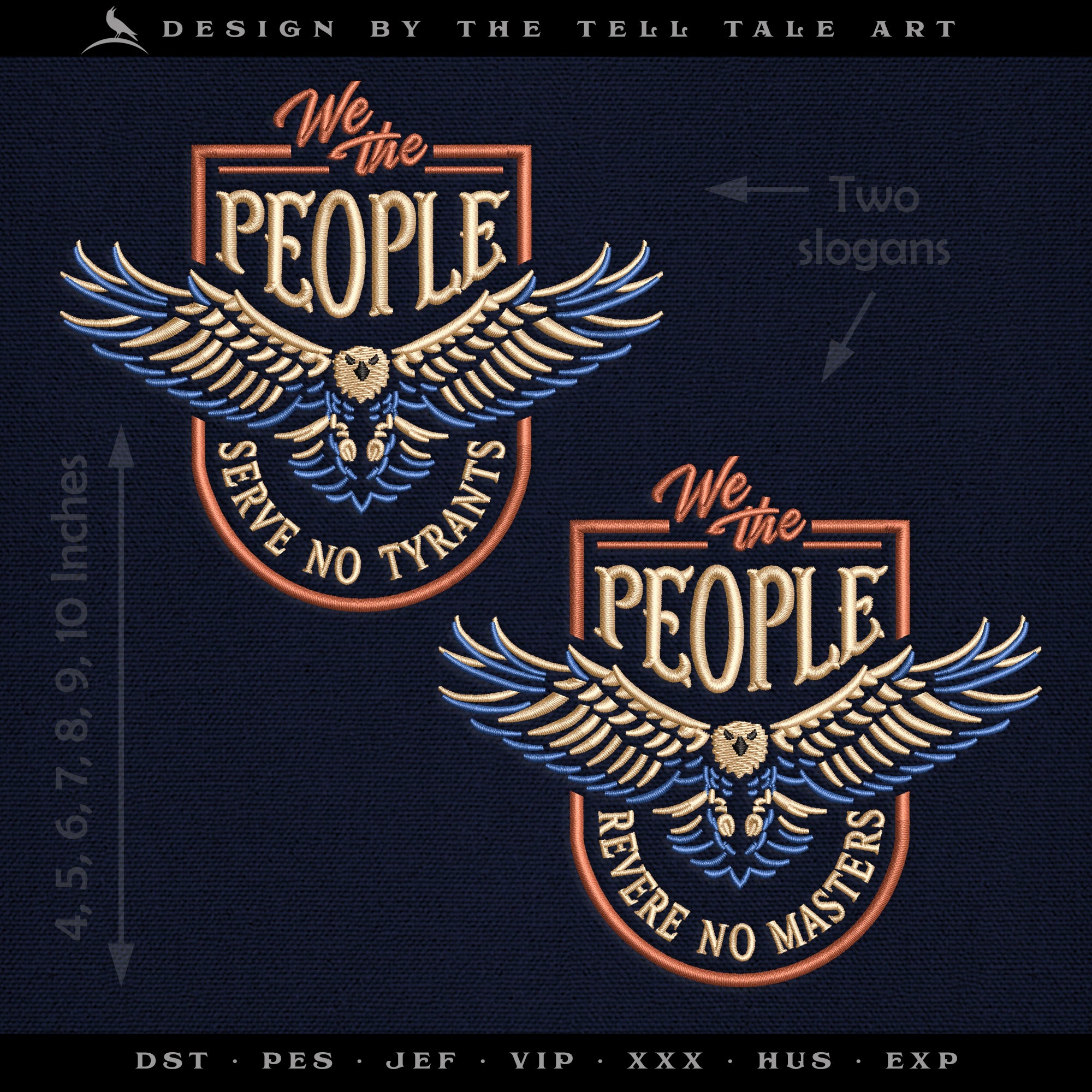 We the People Eagle Crest Embroidery Set – Two Slogans – Nine Sizes 4 to 11 Inches