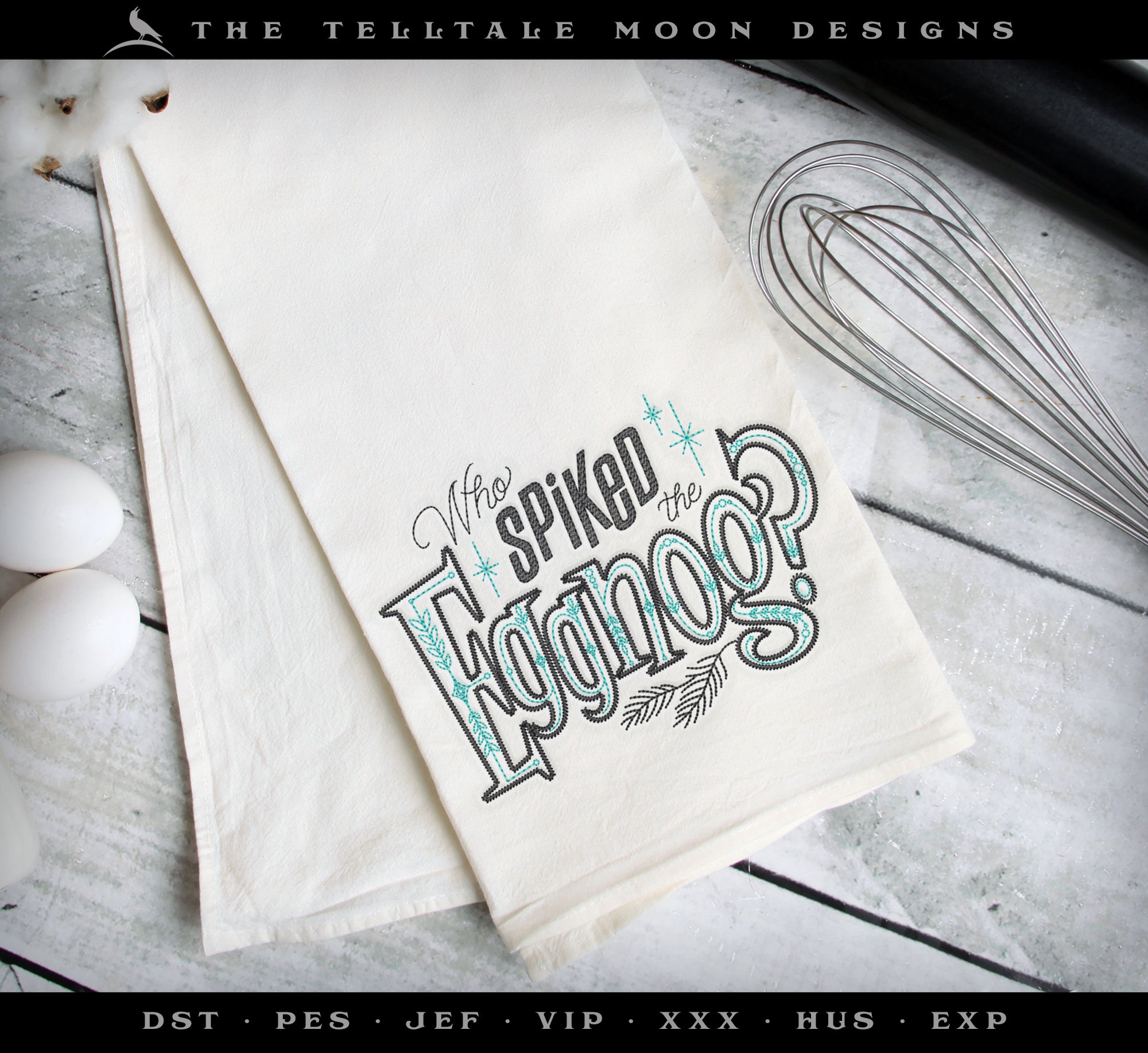 Embroidery: Run-stitch "Who Spiked the Eggnog" Retro-look Design - Six Sizes Between 5 and 11.5 Inches Wide