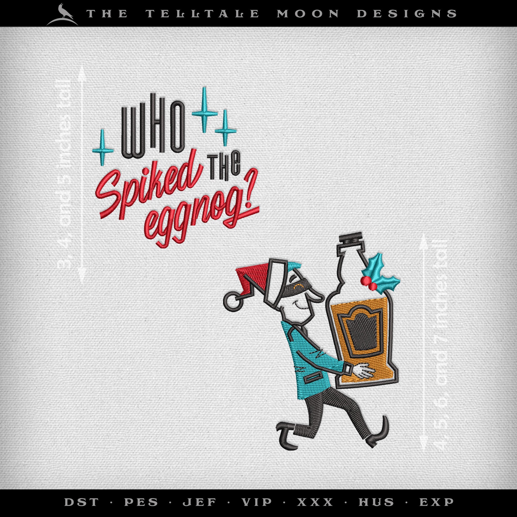 Embroidery Files: Midcentury "Who Spiked the Eggnog" - Six Sizes, Plus Split Set, Drink Coasters, and Drink Sleeves