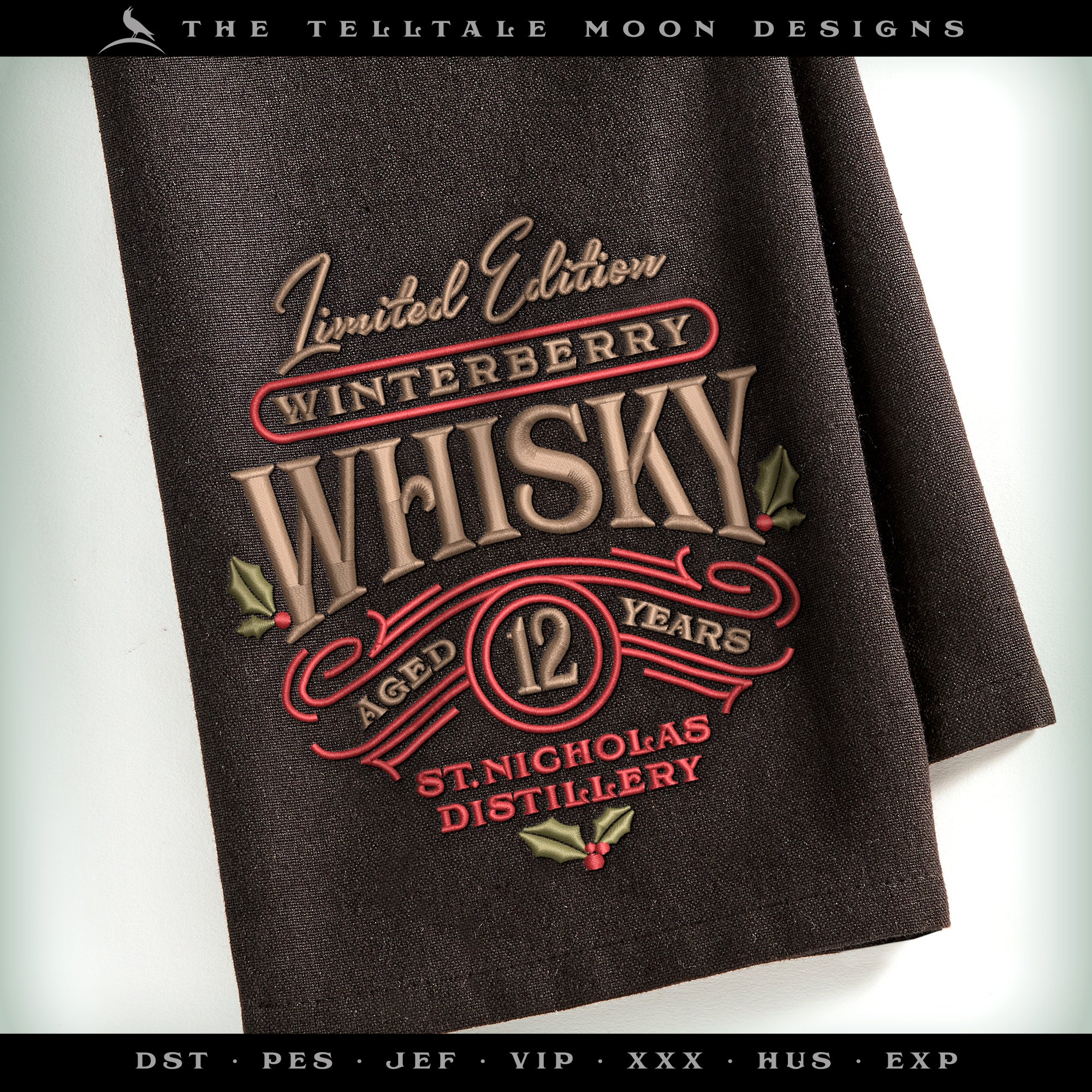 Machine Embroidery: "Winterberry Whisky" Design (3 Colors, 6 and 7 Inches Tall)