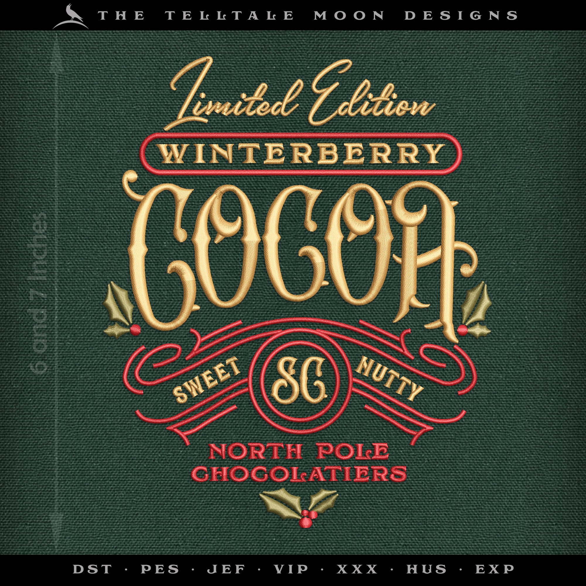 Machine Embroidery: "Winterberry Cocoa" Design (3 Colors, 6 and 7 Inches Tall)