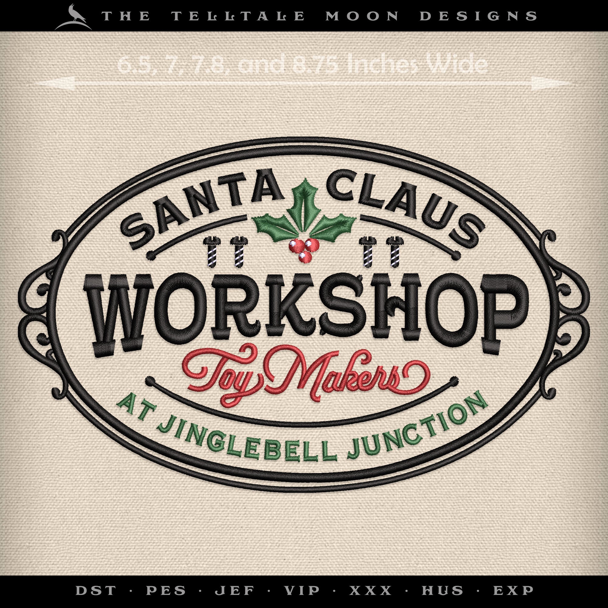 Machine Embroidery: "Santa Claus Workshop" (4 Colors; 4 Sizes Between 6.5 and 9 Inches; Several Formats)