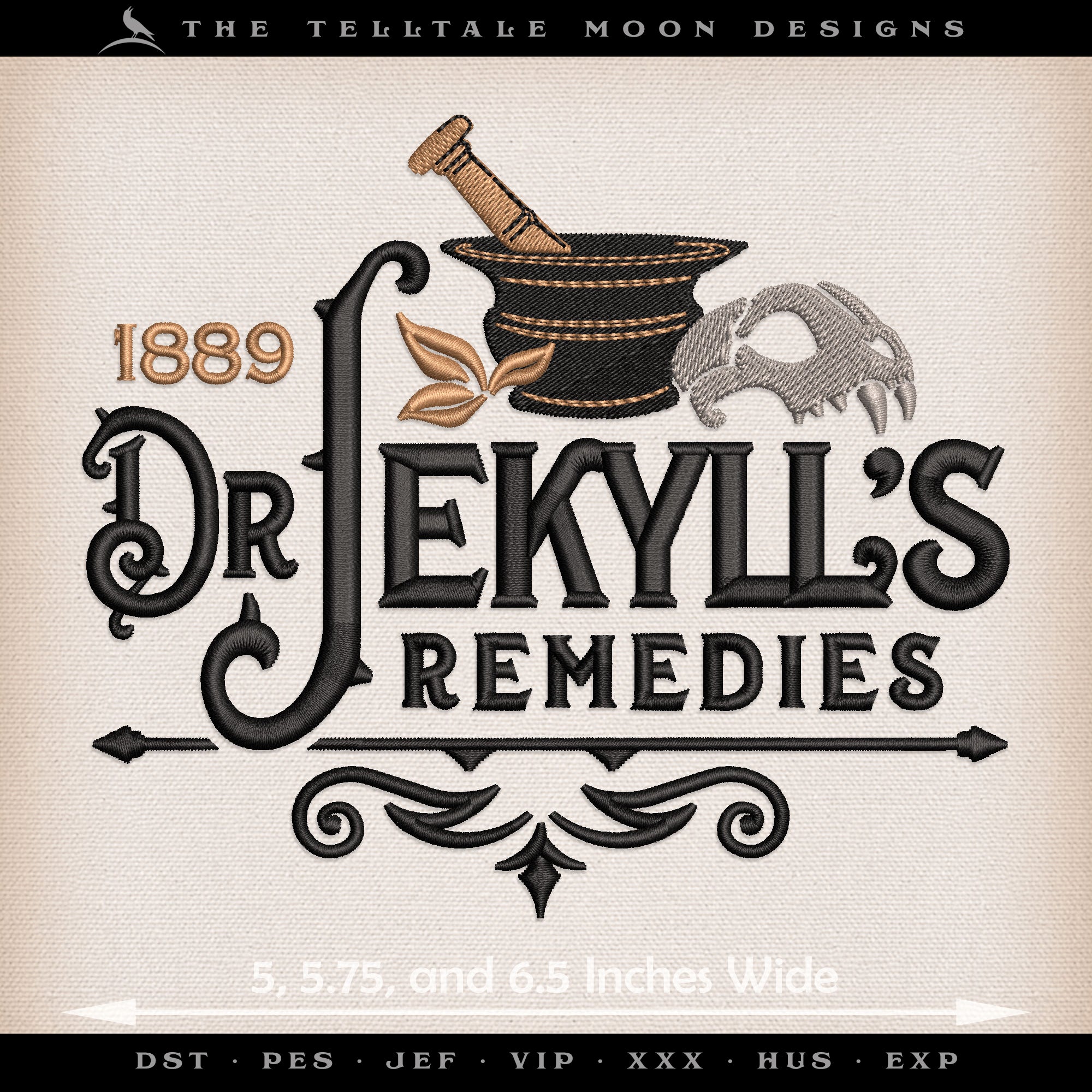 Embroidery: "Dr. Jekyll's Remedies" Vintage Style - 4.75, 5.5, and 6 Inches Wide