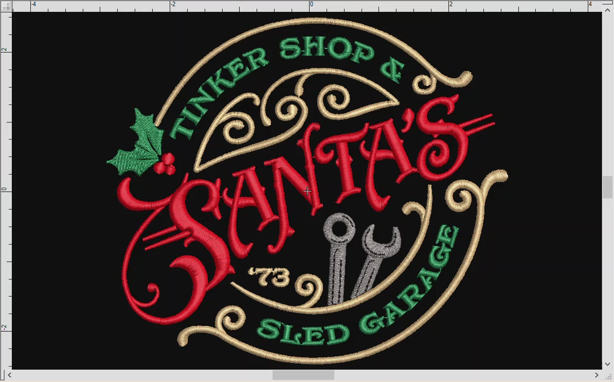 Embroidery: "Santa's Garage" Retro Style Christmas Sign (5 Colors; 4 Sizes Between 6.5 and 7.8 Inches Wide)