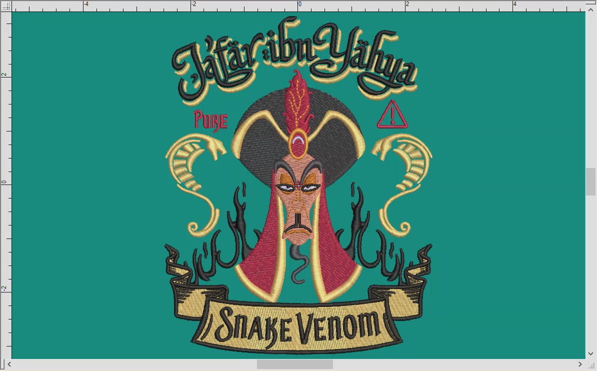 Embroidery Set: Villain Vizier "Snake Venom" Label Design in Four Sizes 6.5 to 9.5 Inches Tall