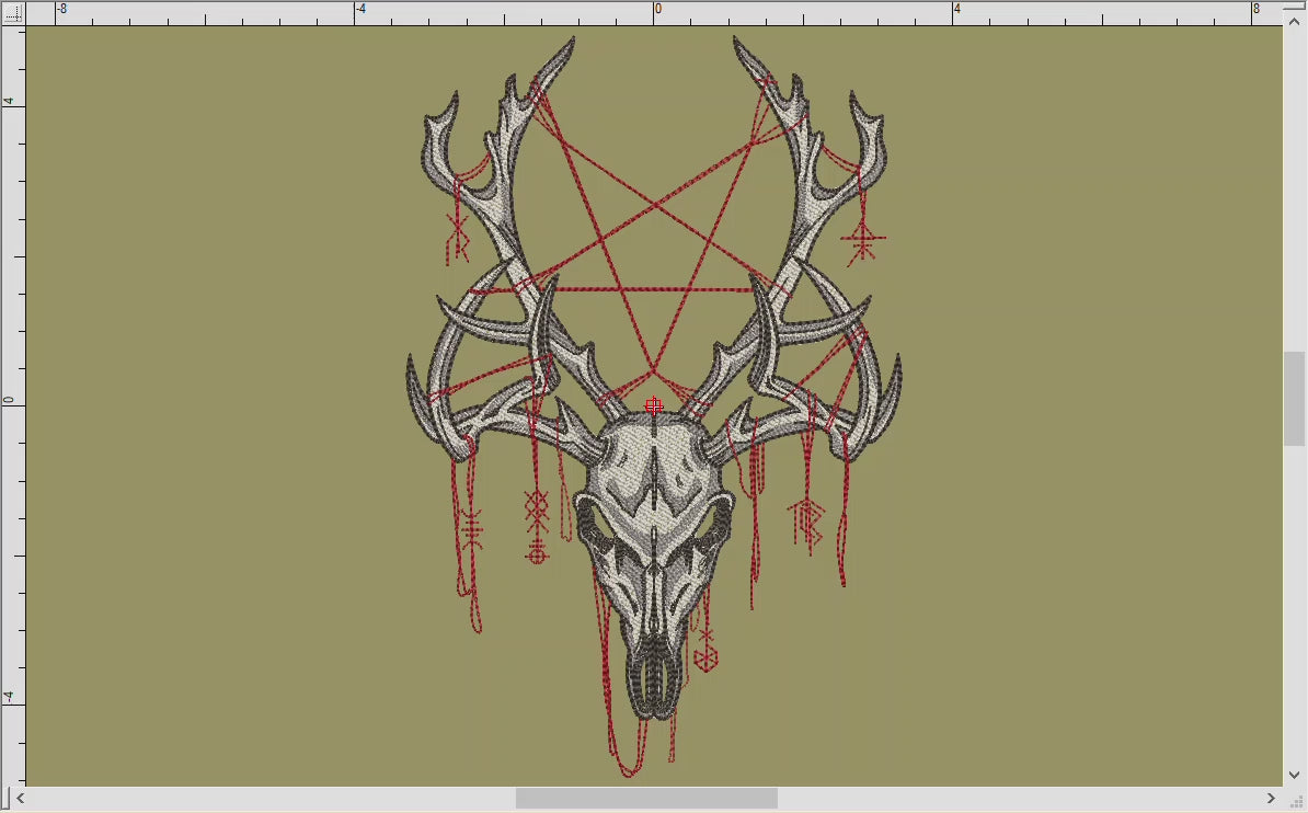 Embroidery: Sketch-style Forest Spirit Deer with Pagan Sigils (7, 8, 9, 10 Inches Tall; Four Thread Colors)