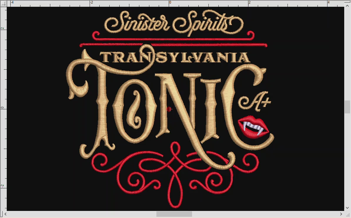 Embroidery: Vintage-style Transylvania Tonic Label (5 and 6 Inches Wide; Three Thread Colors)
