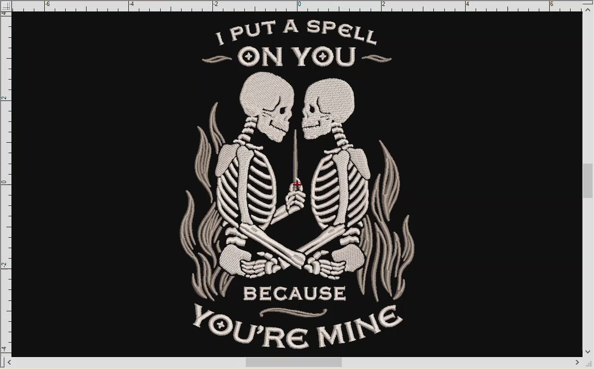Machine Embroidery: Gothic Skeleton Couple "I Put a Spell On You" Design (6.9 and 7.8 Inches, Two Thread Colors)