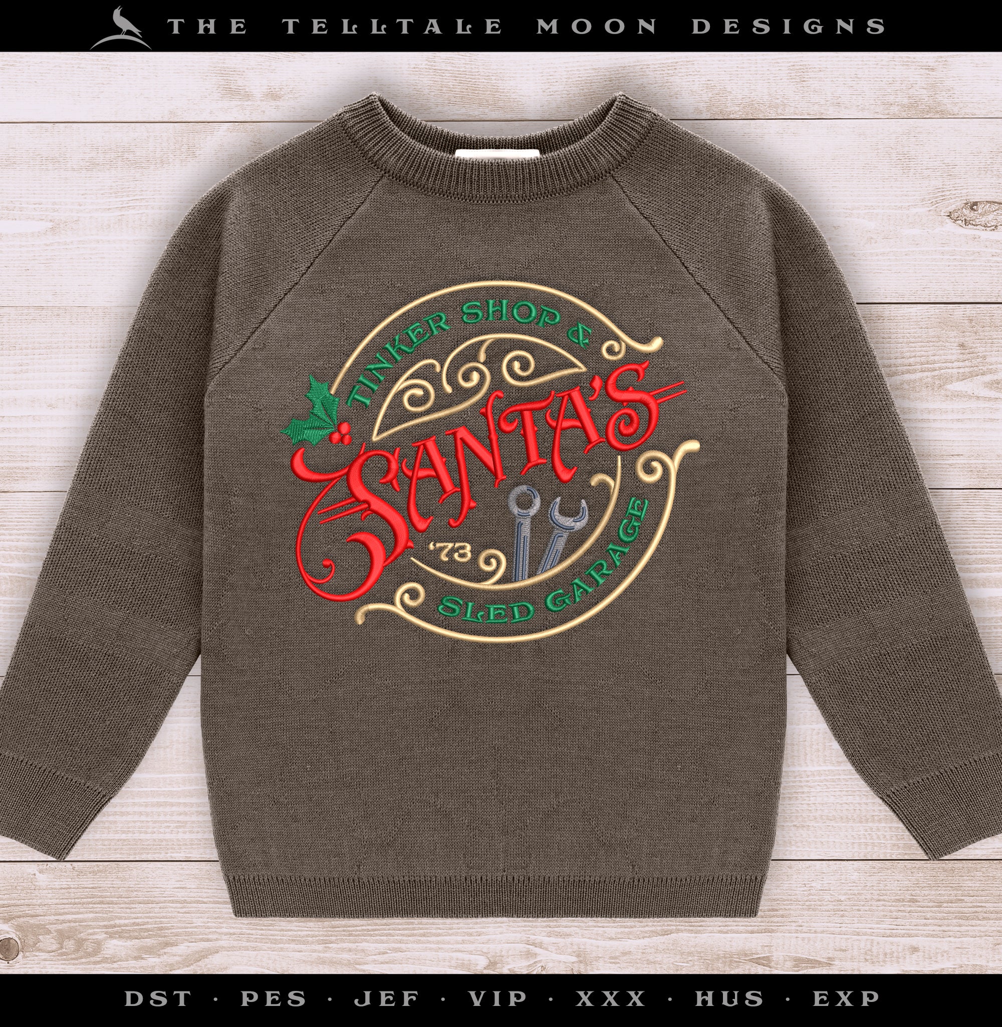 Embroidery: "Santa's Garage" Retro Style Christmas Sign (5 Colors; 4 Sizes Between 6.5 and 7.8 Inches Wide)