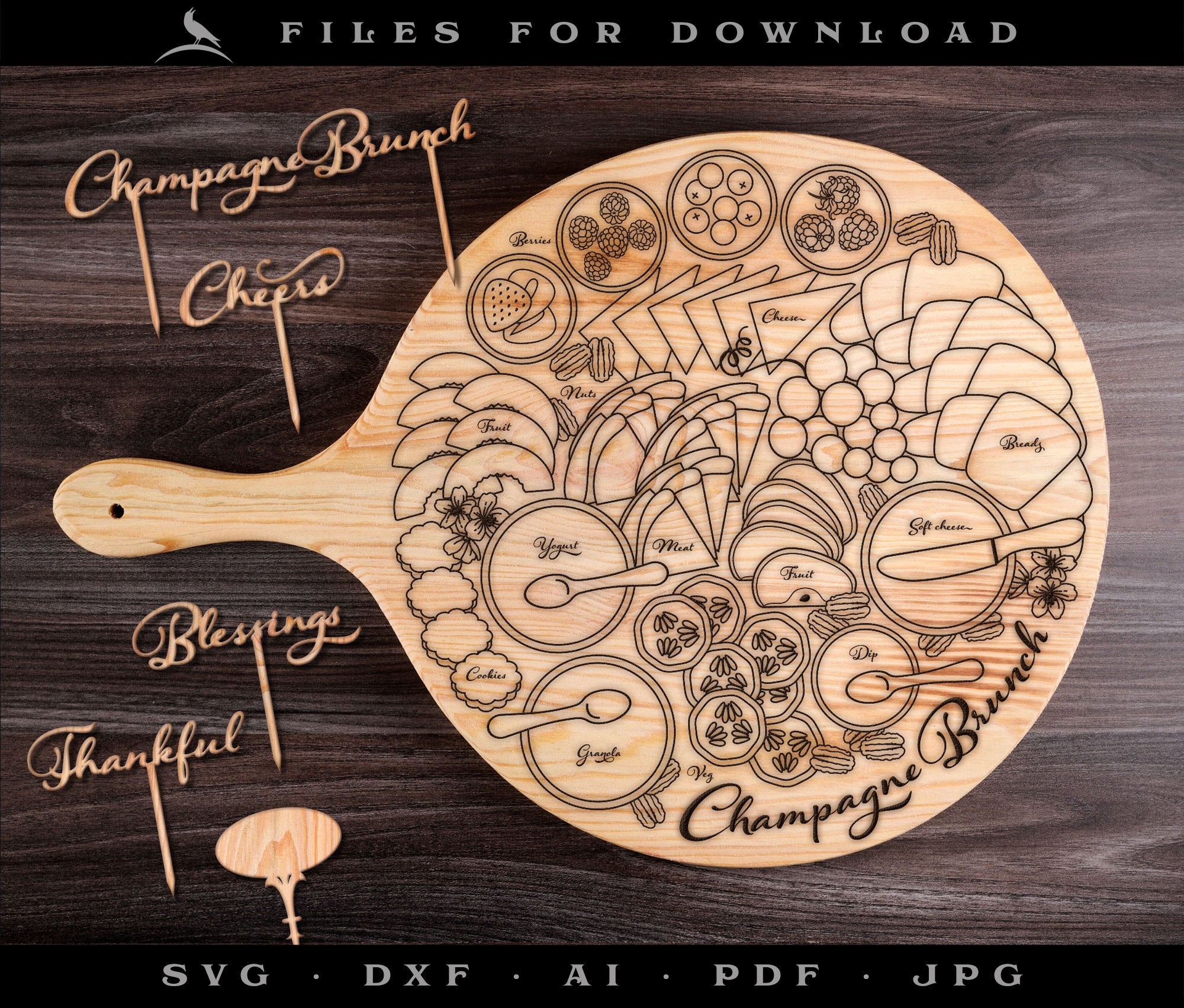 Vector Art Set for Serving Tray: Champagne Brunch Board & Pick Designs