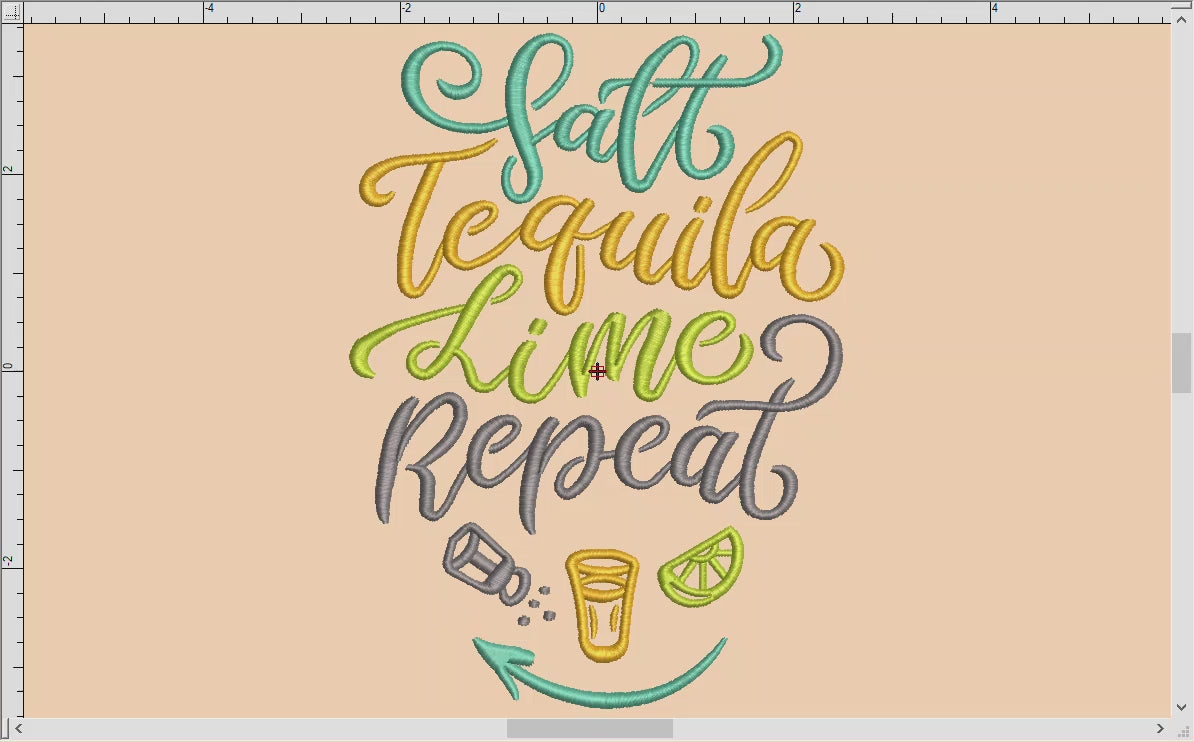 Embroidery: "Salt Tequila Lime Repeat" Fun Summer Typography (6, 7, and 8 Inches Tall; Four Thread Colors)