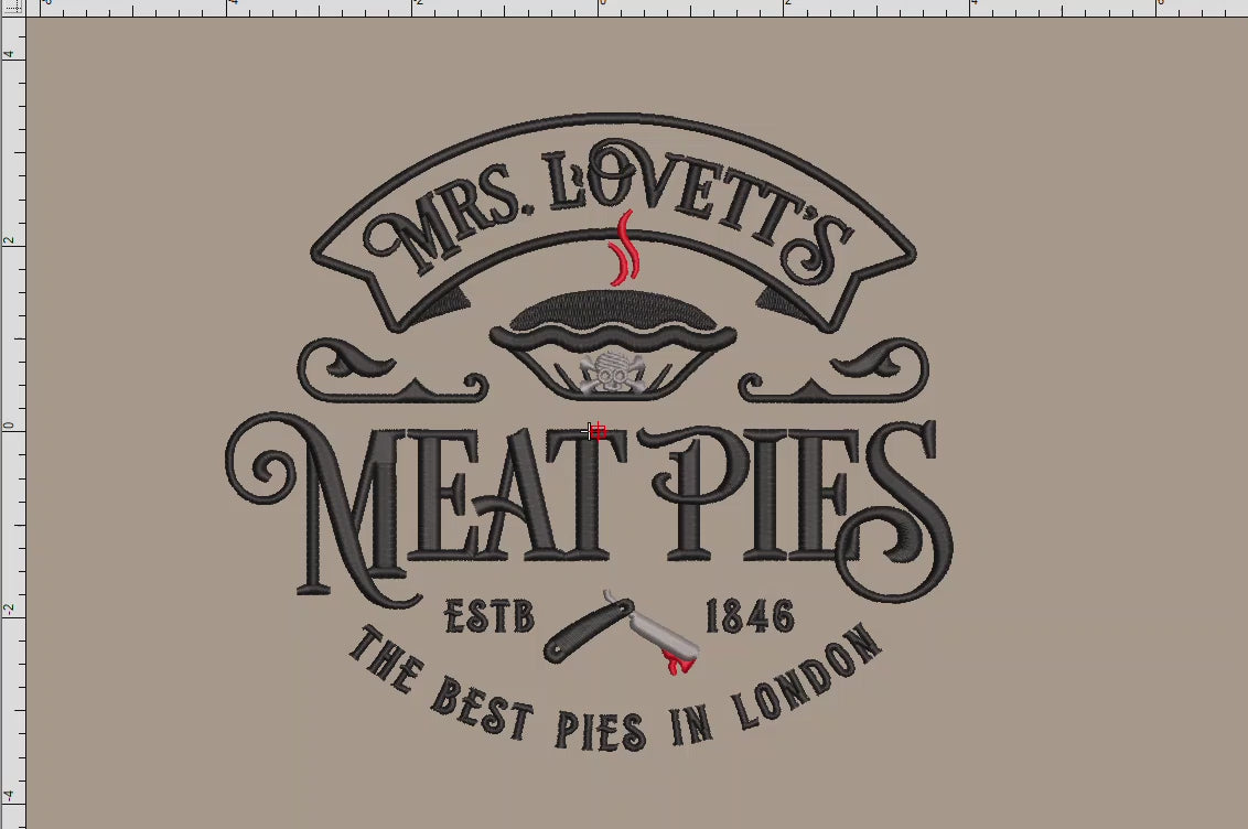 Machine Embroidery Files: "Mrs. Lovett's Meat Pies" Horror Humor (6.8 7.8, 11 Inches)
