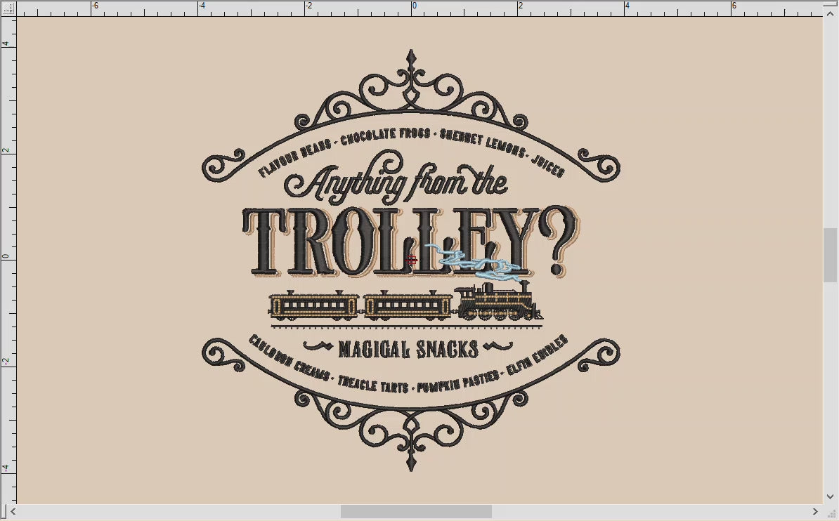 Machine Embroidery Files: "Magical Trolley Cart" Sign (Up to 7.8 Inches, 3 Thread Colors)