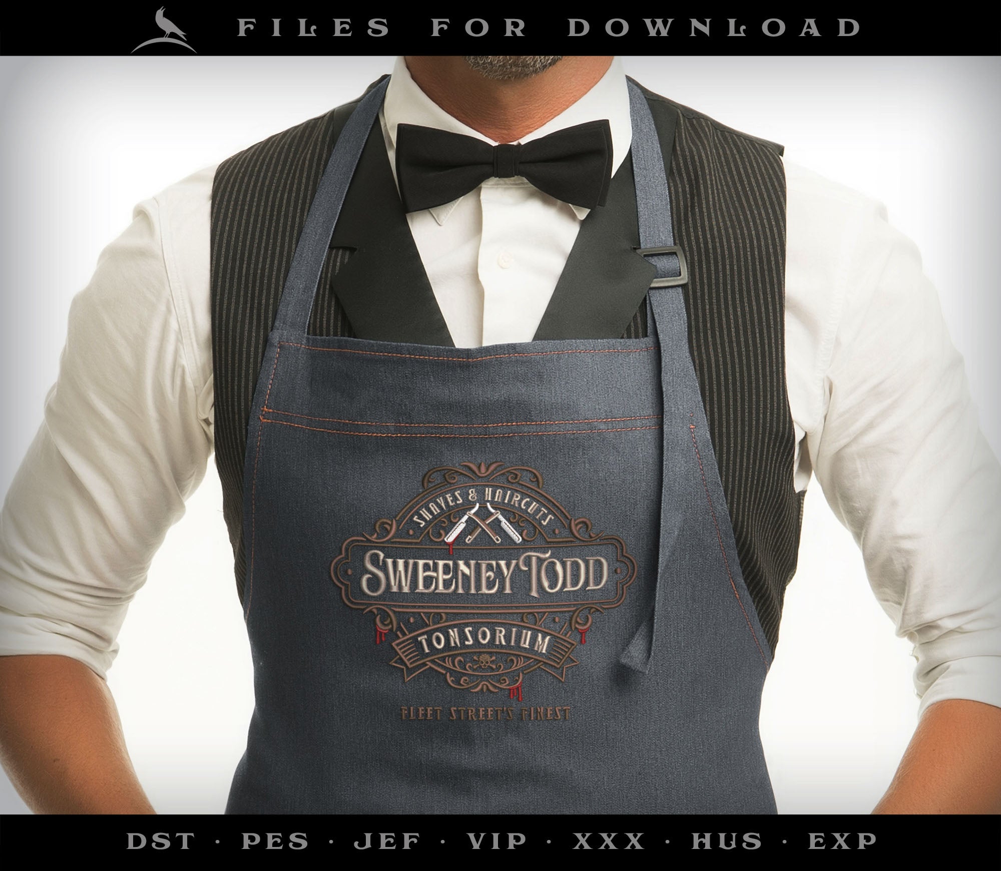 Machine Embroidery Files: "Sweeney Todd's Tonsorium" Vintage Design (6.8 and 7.8 Inches Wide)