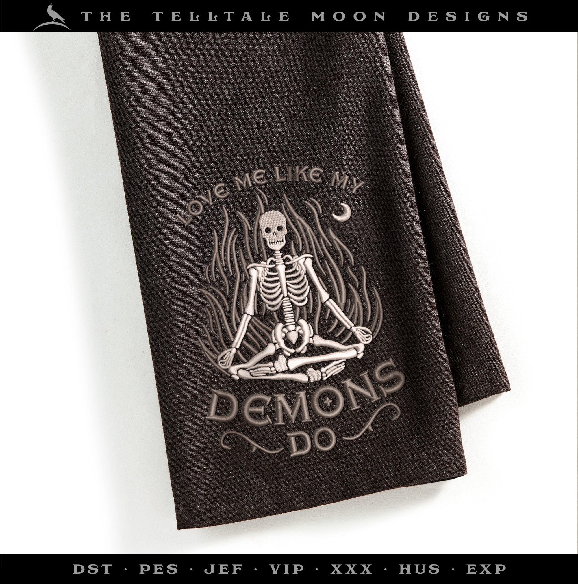 Machine Embroidery: Gothic Skeleton "Love Me" Design (6.9 and 7.8 Inches, Two Thread Colors)