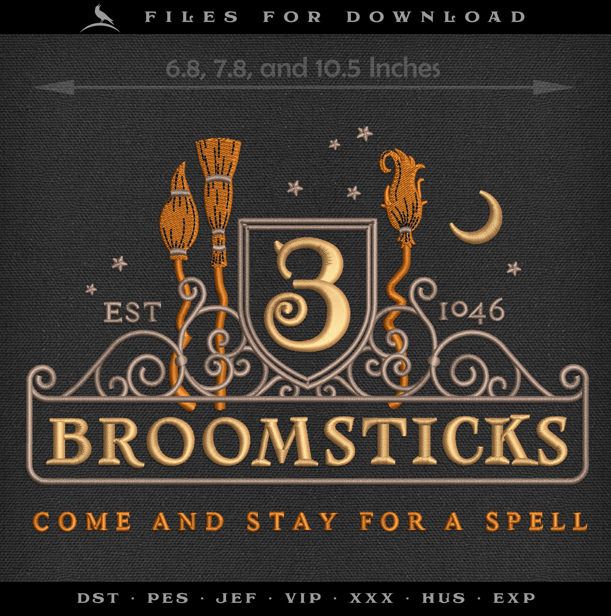 Embroidery Files: "3 Broomsticks" - 7, 8, and 10.5 Inches Wide - Four Thread Colors