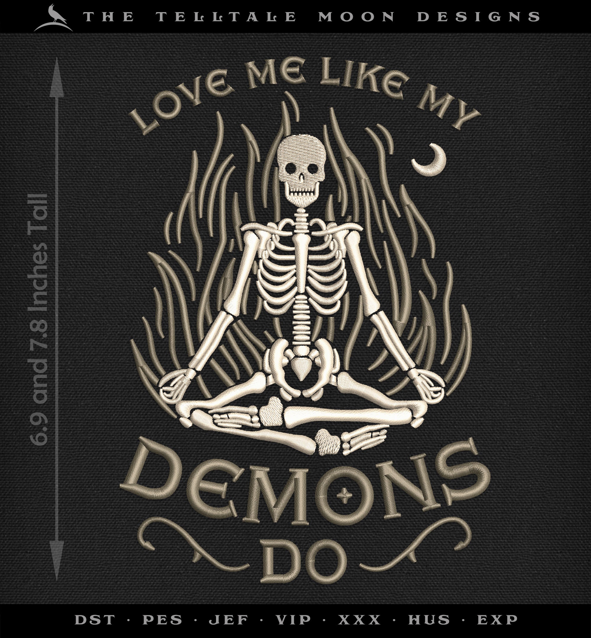 Machine Embroidery: Gothic Skeleton "Love Me" Design (6.9 and 7.8 Inches, Two Thread Colors)