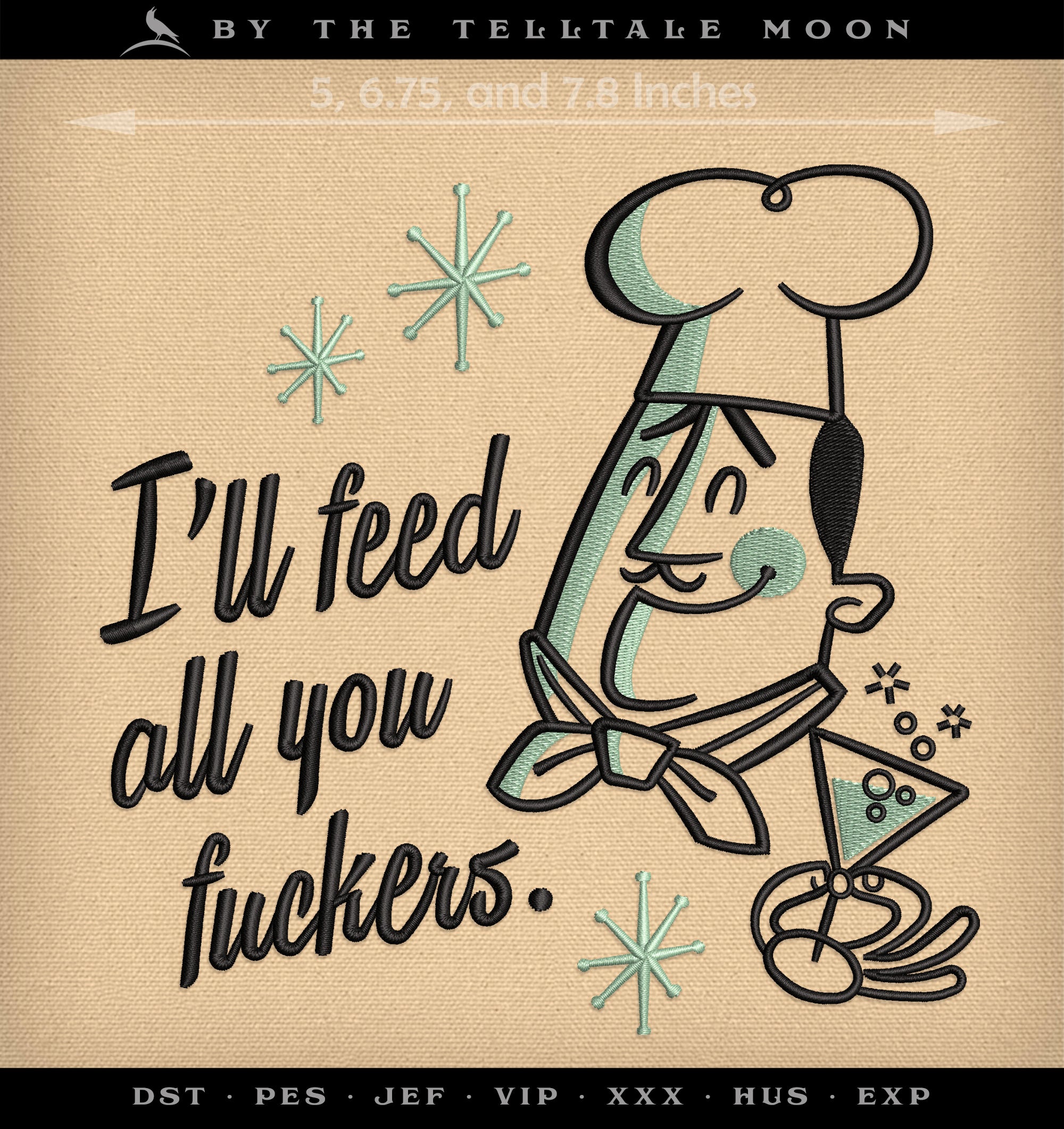 Machine Embroidery: Retro Sassy Chef Design (5, 6, 6.75, and 7.8 Inches, Two Colors)