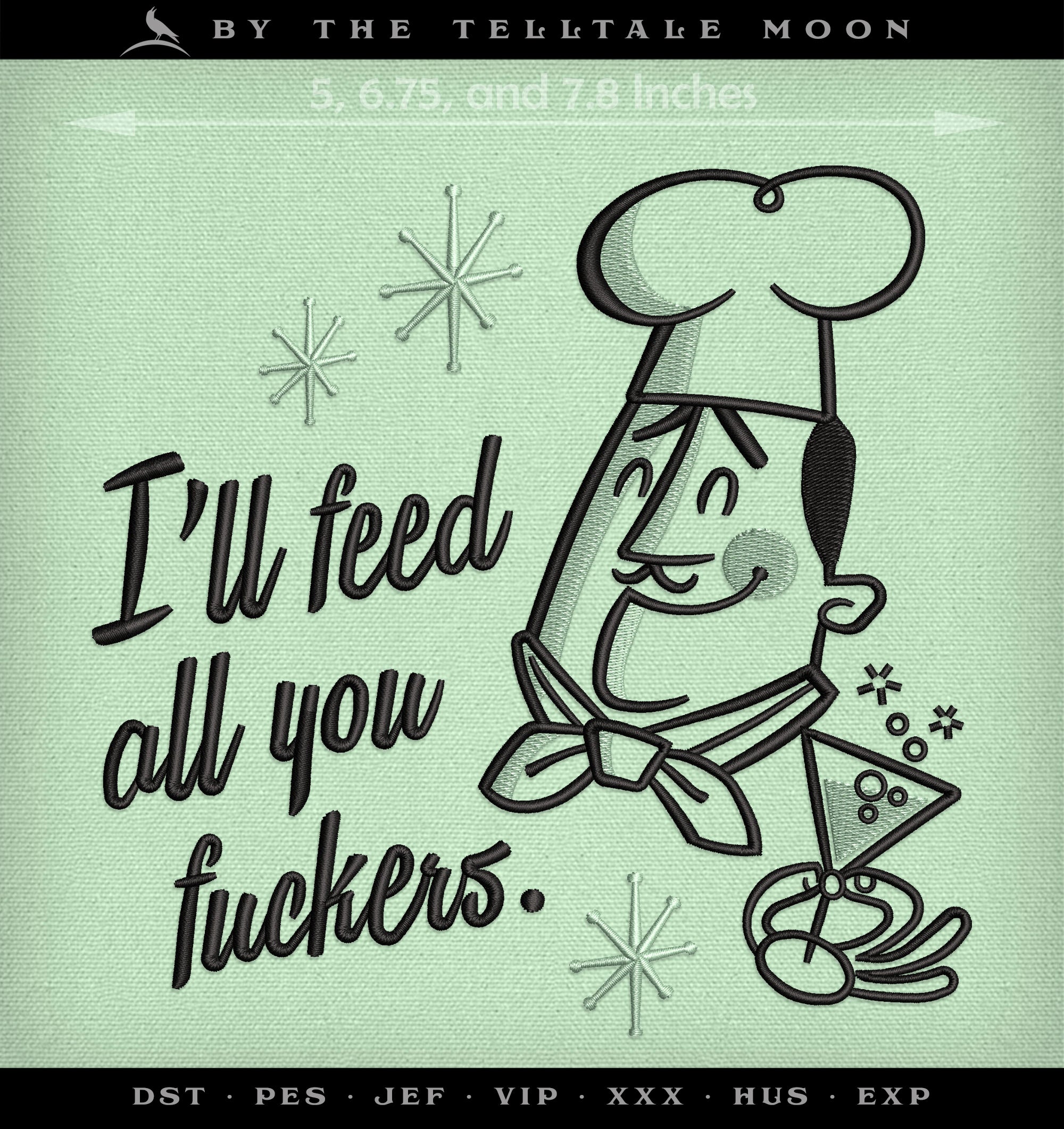 Machine Embroidery: Retro Sassy Chef Design (5, 6, 6.75, and 7.8 Inches, Two Colors)