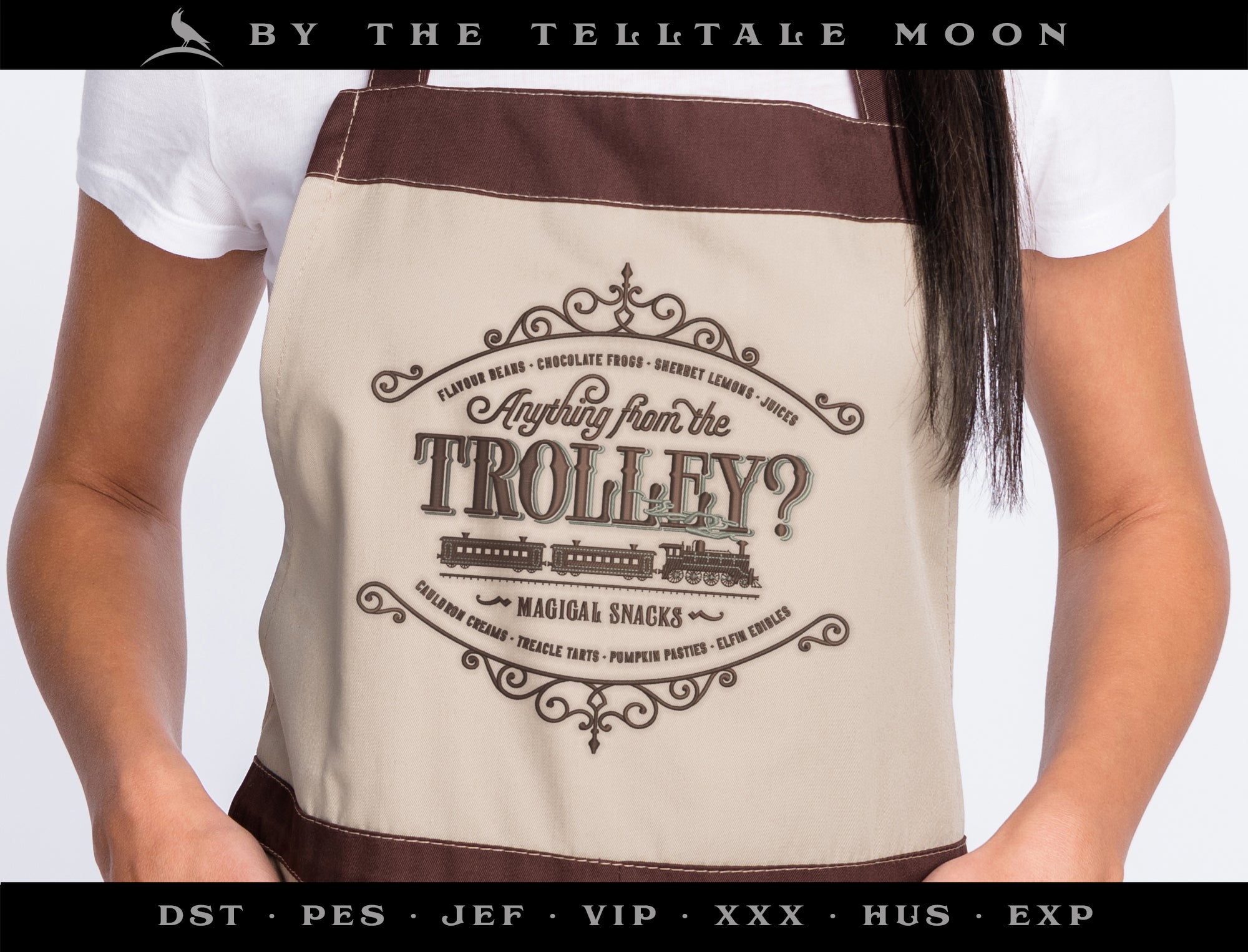 Machine Embroidery Files: "Magical Trolley Cart" Sign (Up to 7.8 Inches, 3 Thread Colors)