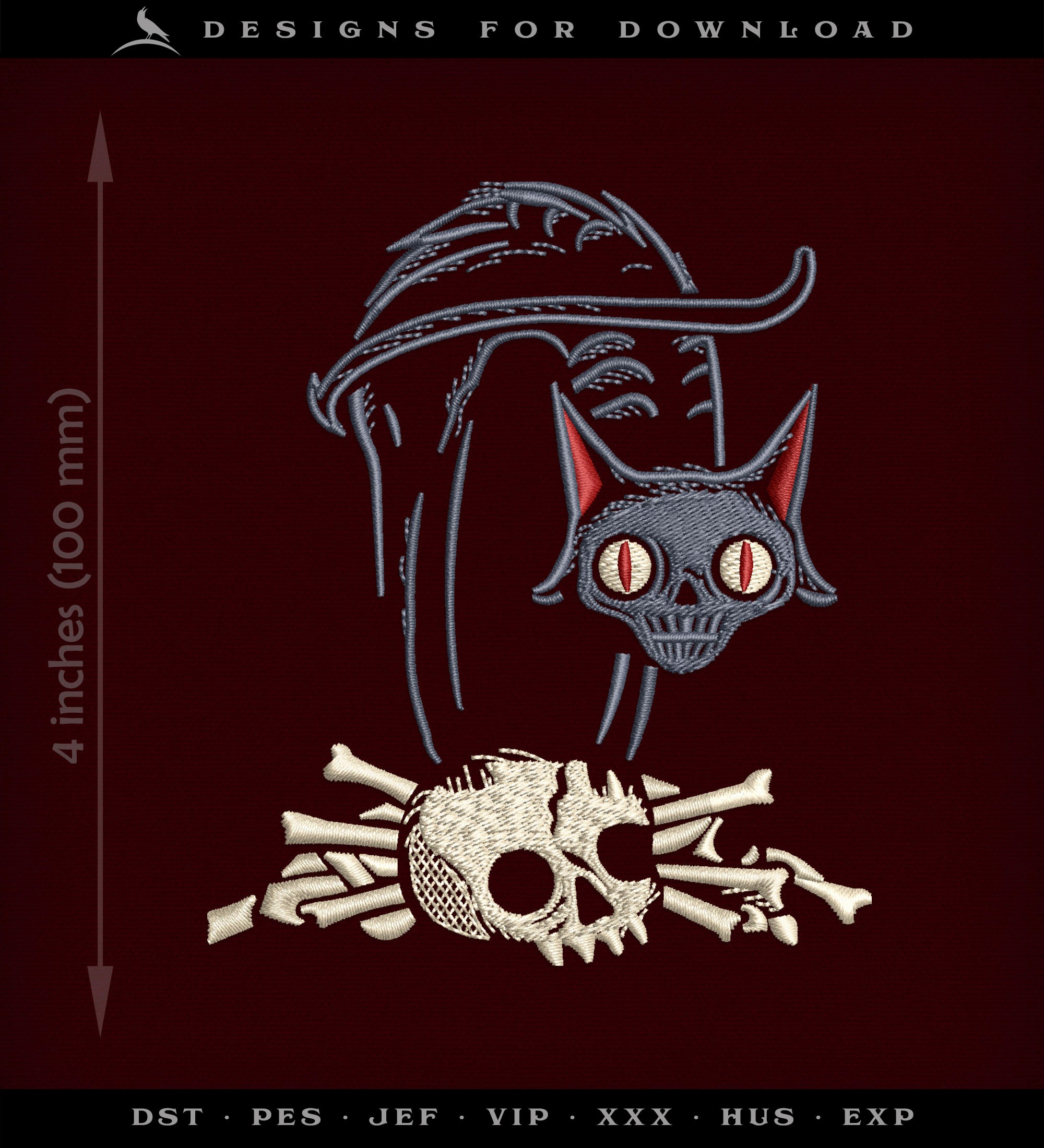 Machine Embroidery: Creepy Kitty - Three Sizes 4 to 6 Inches - Three Thread Colors