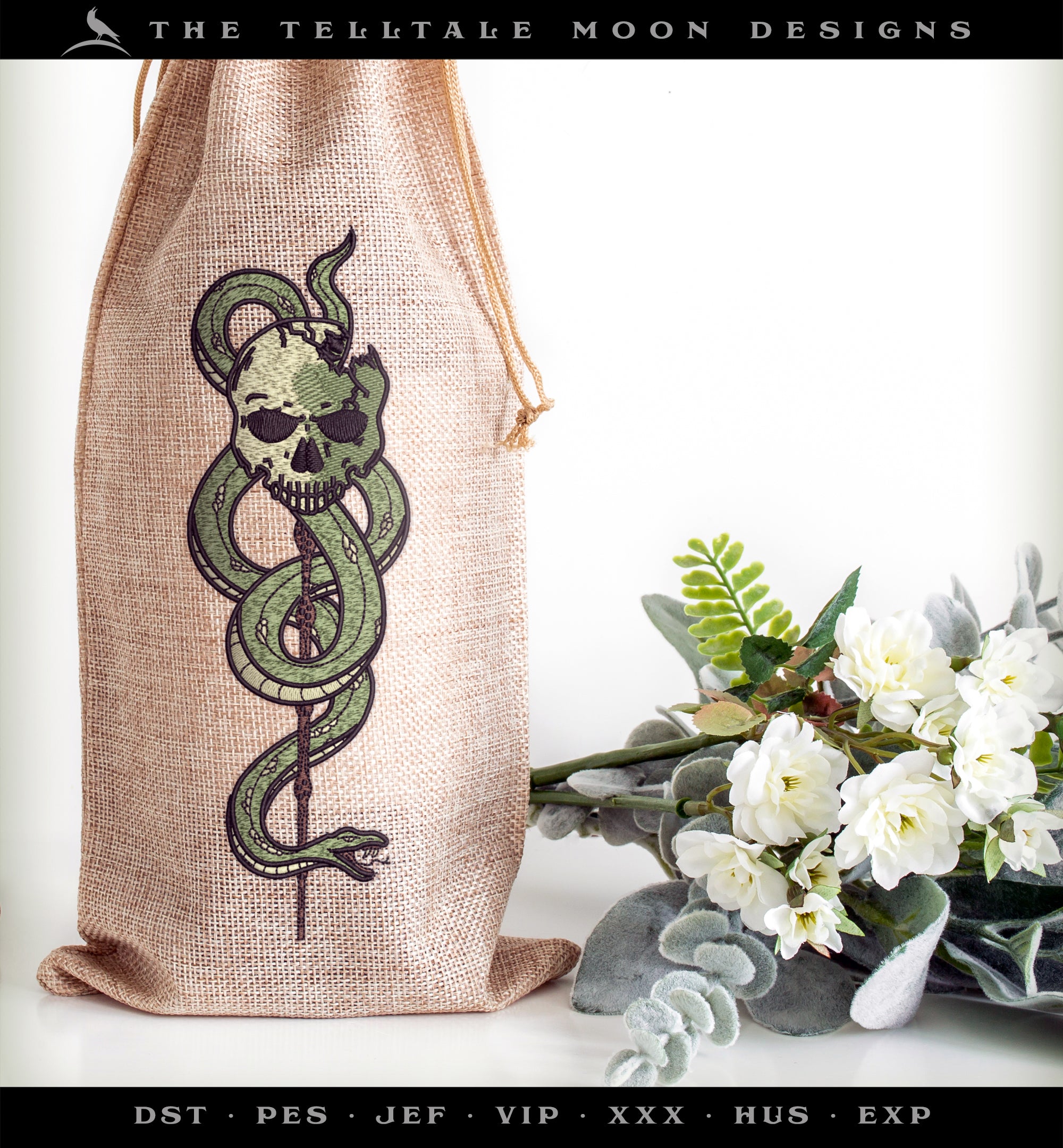 Machine Embroidery Files: Dark Mark Skull with Snake and Wand (6.9 and 7.5 Inches, 4 Thread Colors)