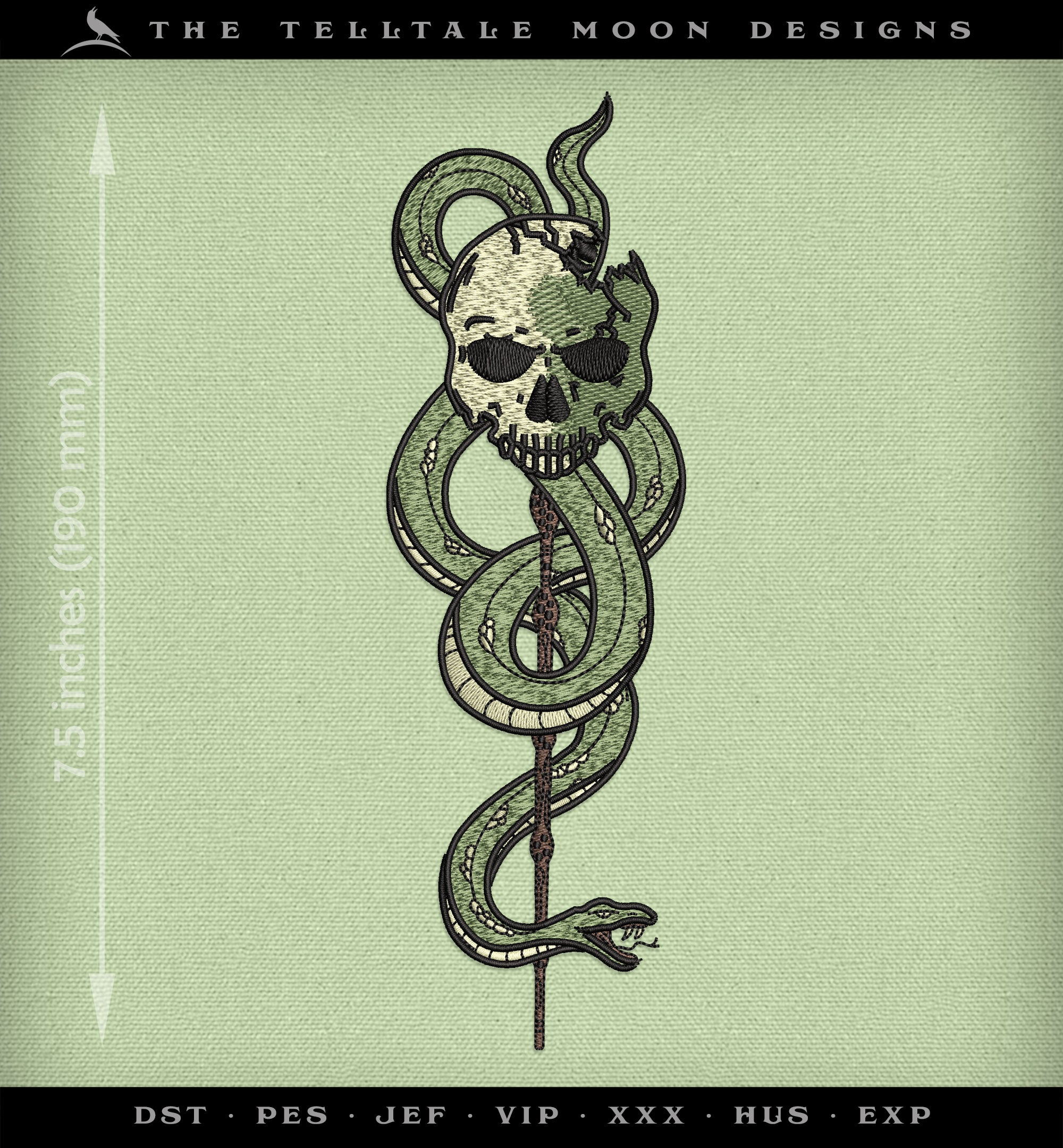 Machine Embroidery Files: Dark Mark Skull with Snake and Wand (6.9 and 7.5 Inches, 4 Thread Colors)