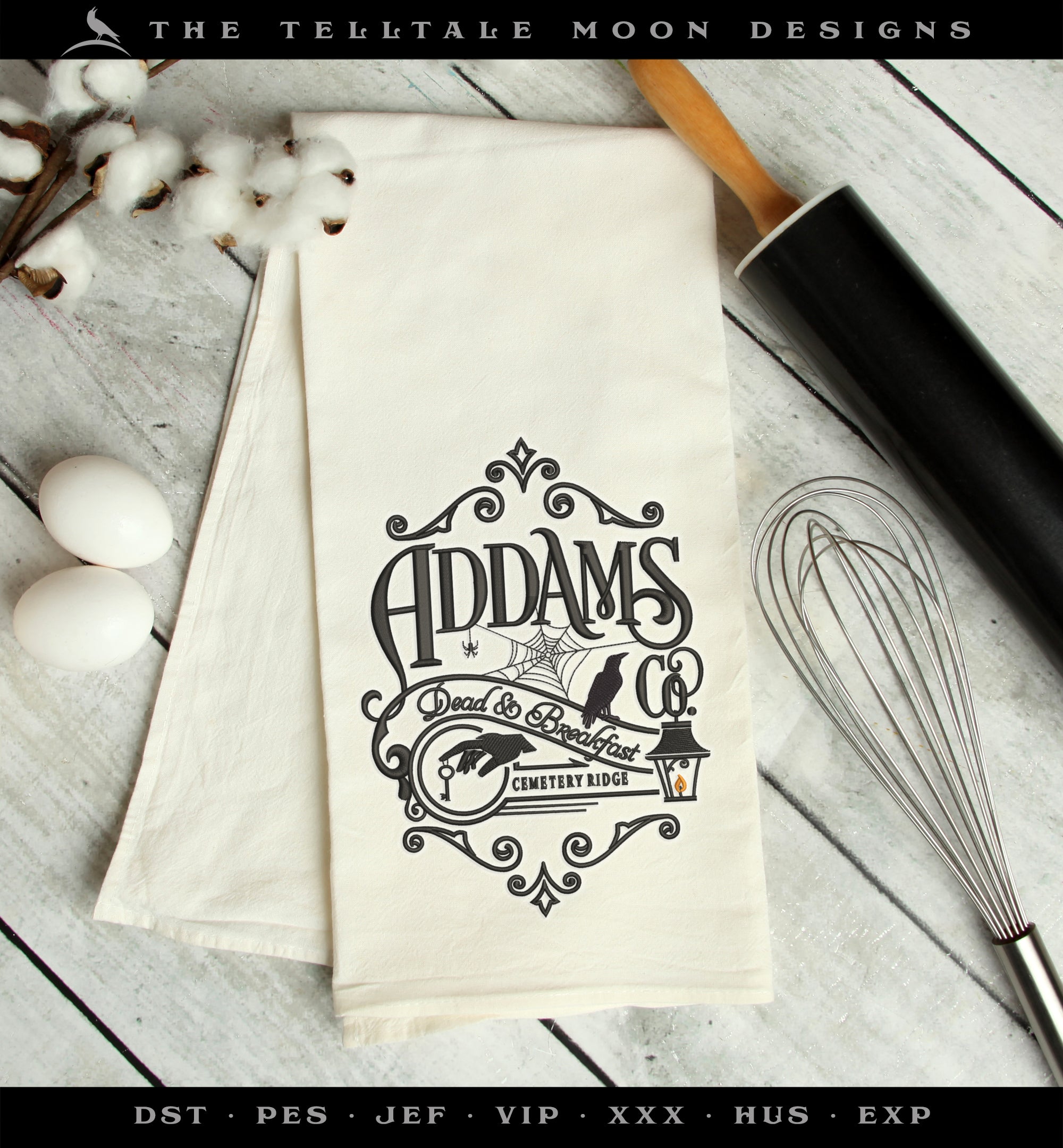 Embroidery: "Dead and Breakfast" Vintage Addams-themed Design, 7.7 Inches