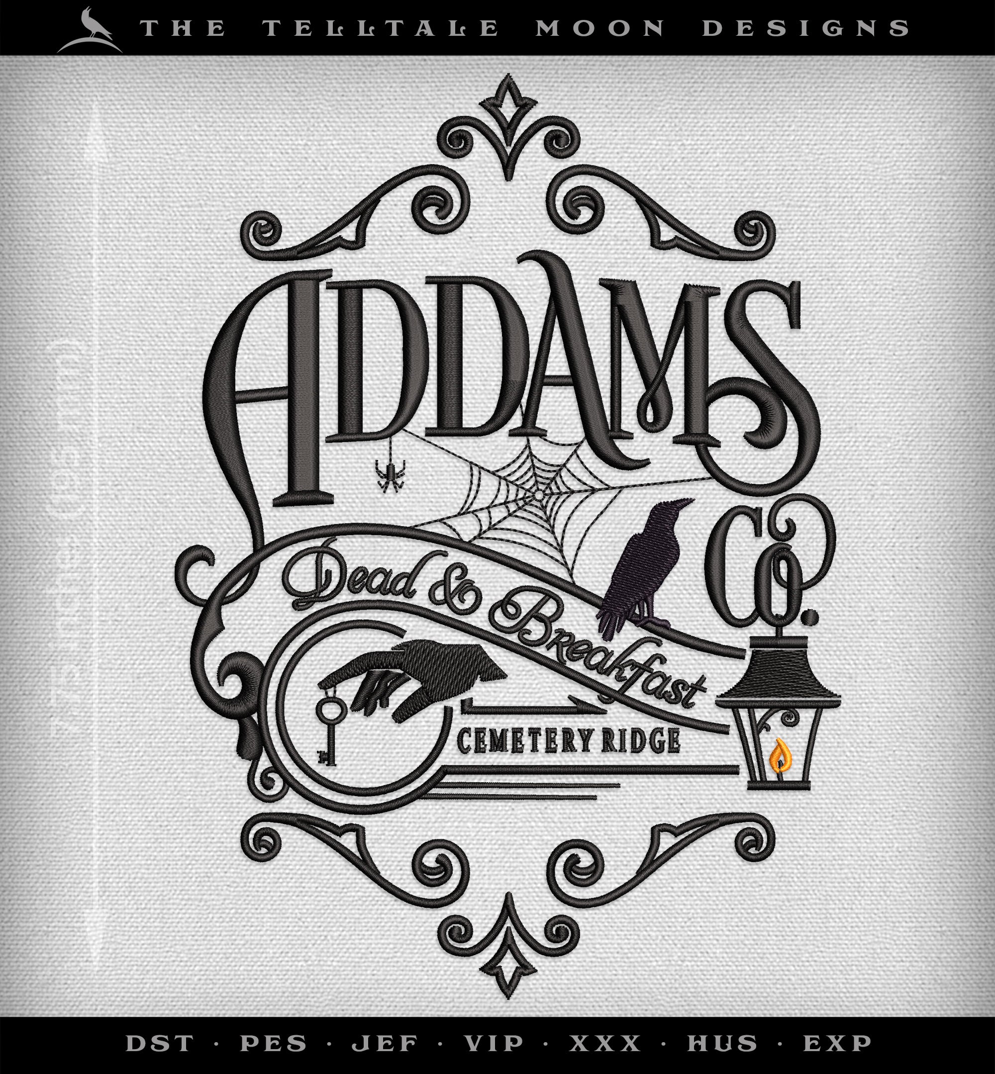 Embroidery: "Dead and Breakfast" Vintage Addams-themed Design, 7.7 Inches