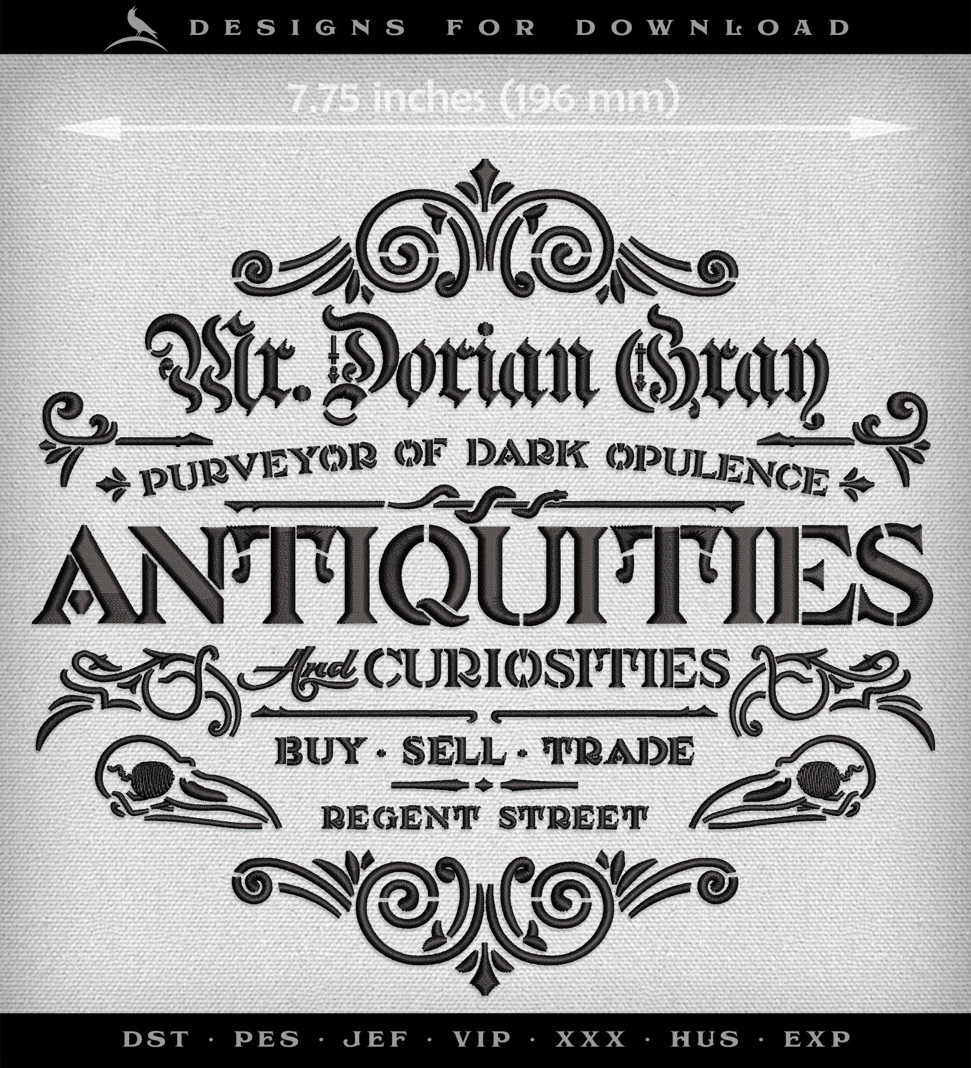 Embroidery: "Dorian Gray Antiquities" Vintage Stencil Style Design - Three Versions in 7, 7.75, and 9 Inches Wide