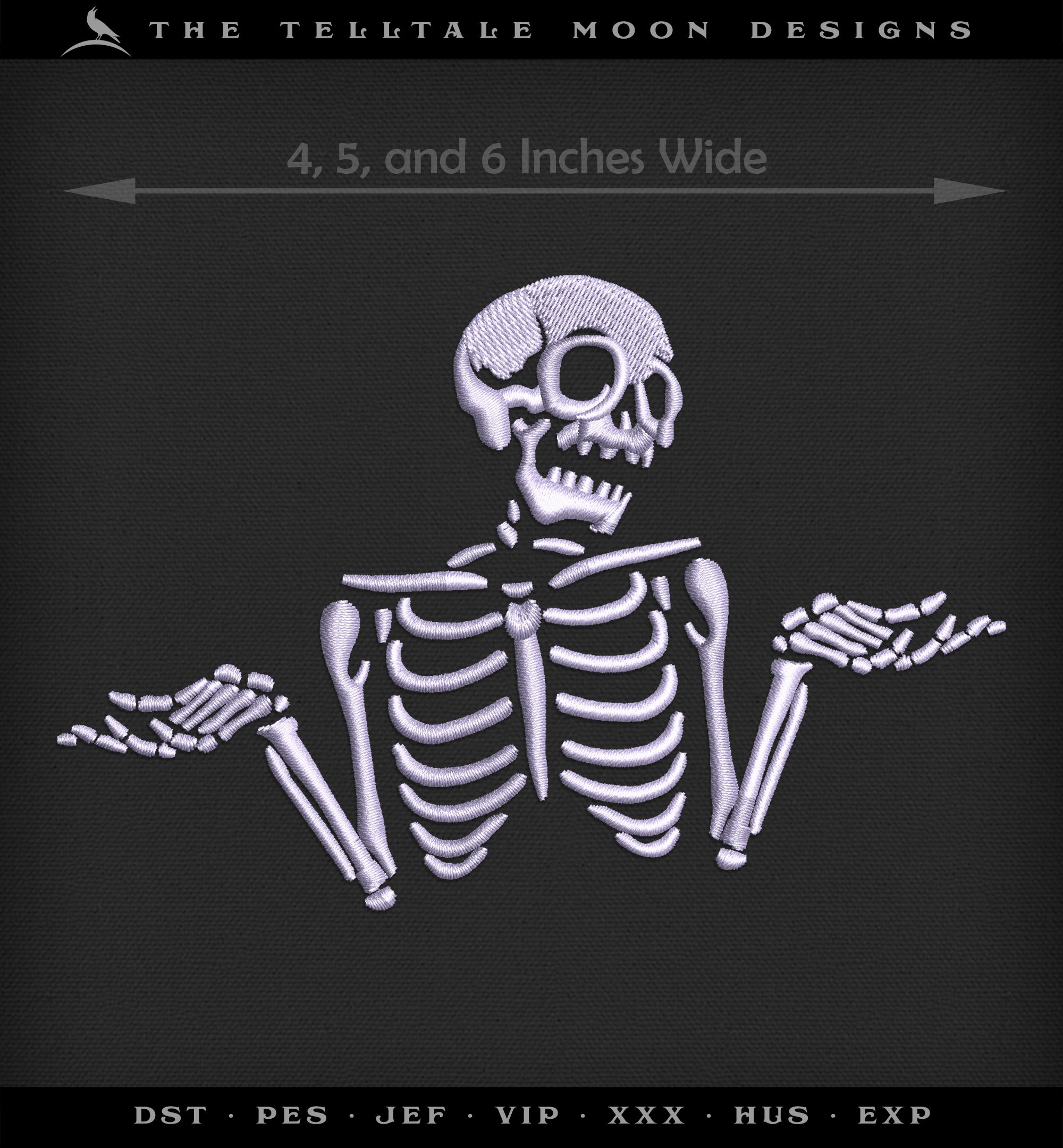 Embroidery Files: Shrugging Skull - 4, 5, and 6 Inches Wide