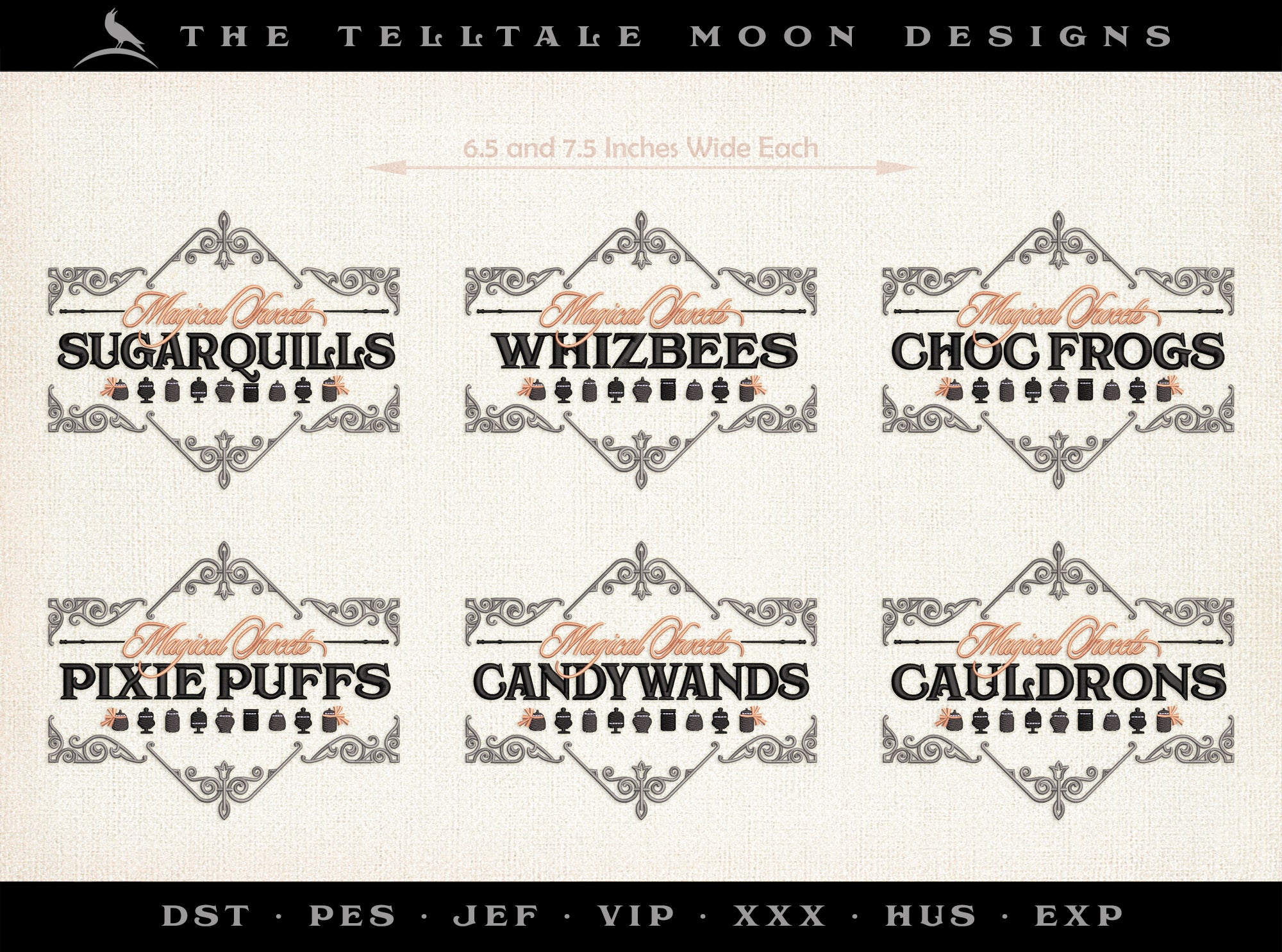 Machine Embroidery: Set of Six "Wizard Candy" Label-style Designs (6.5 and 7.5 Inches Wide, Five Thread Colors,)