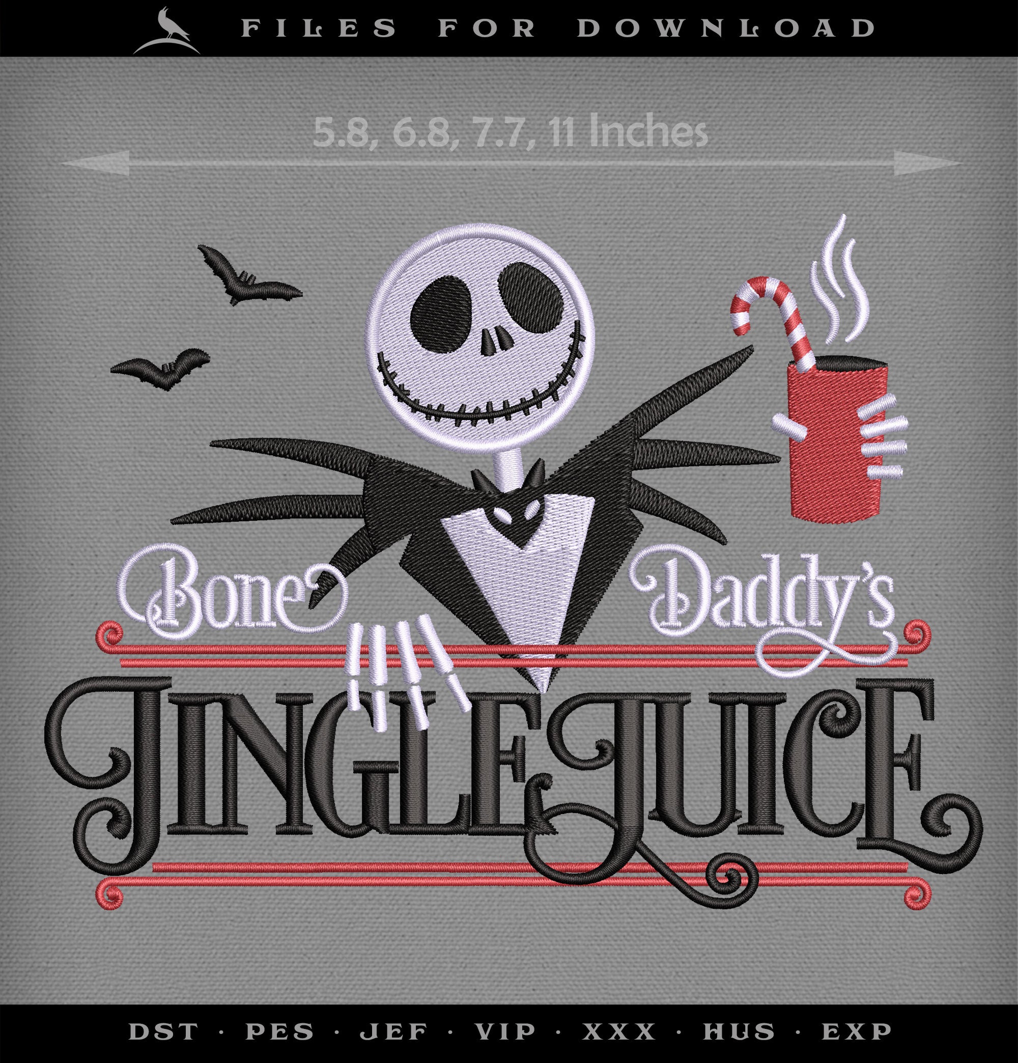 Machine Embroidery Files: "Bone Daddy's Jingle Juice" (3 Colors, 4 Sizes)