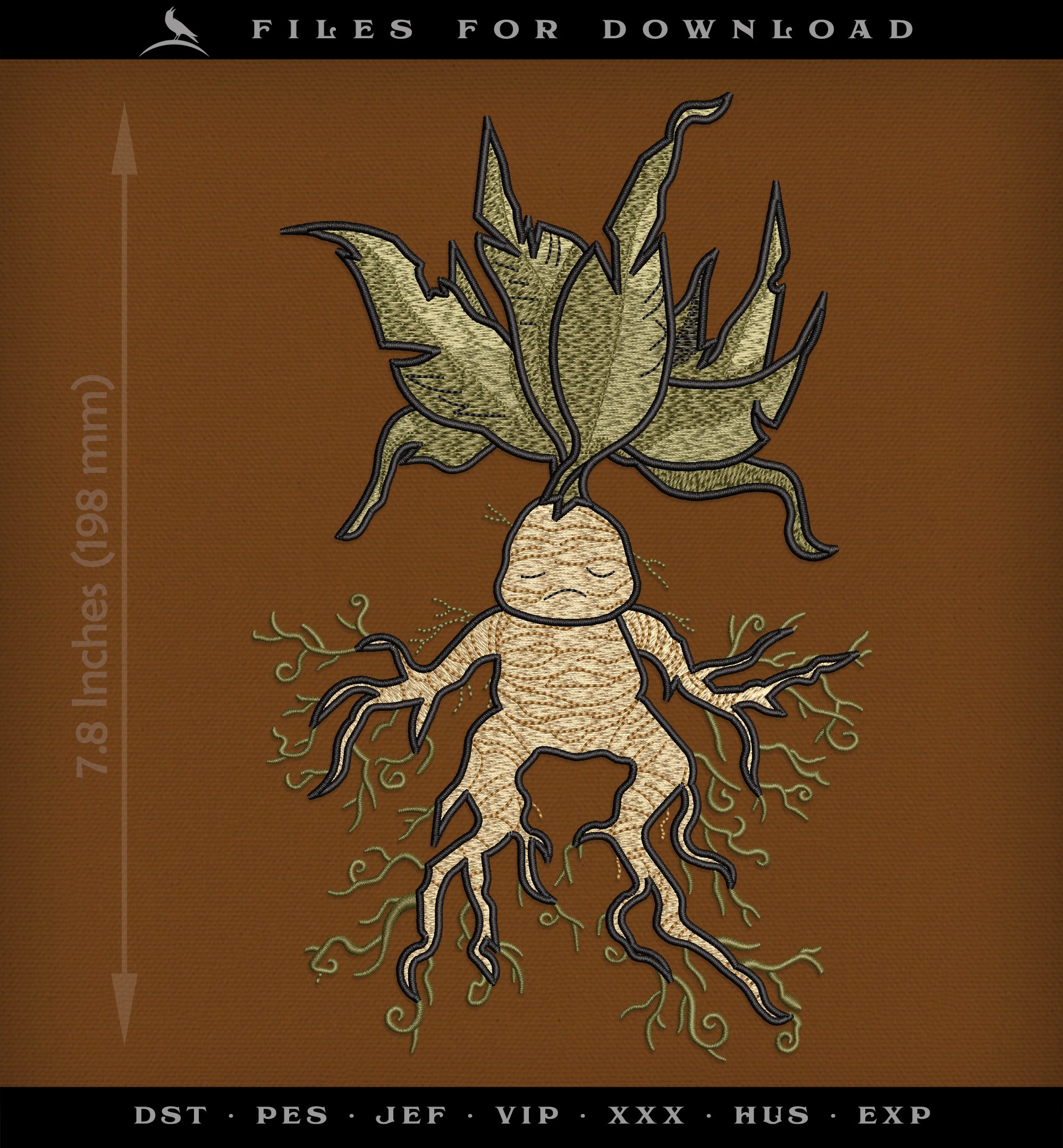 Machine Embroidery Files: Mandrake Root Art (7.8 Inches, Five Colors, Several Formats)