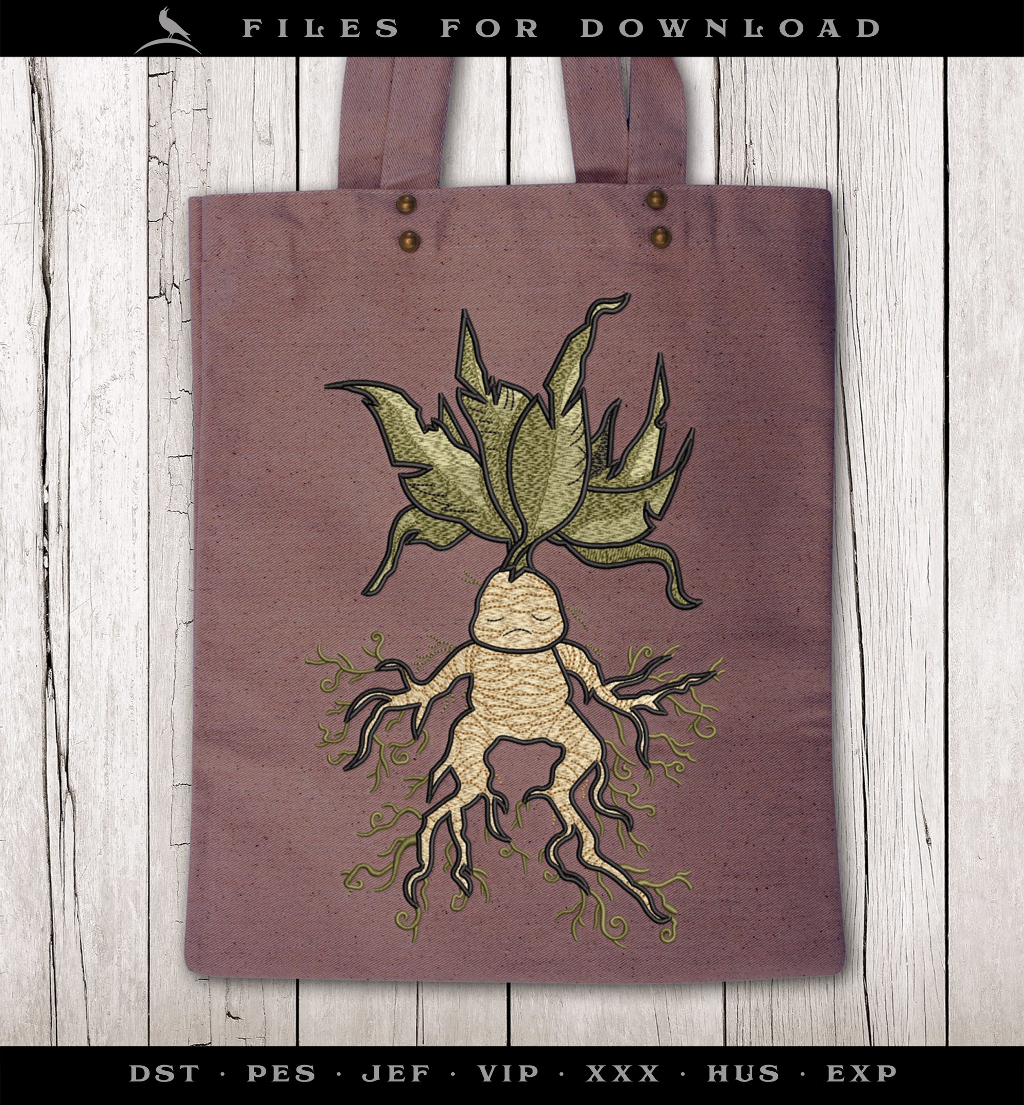 Machine Embroidery Files: Mandrake Root Art (7.8 Inches, Five Colors, Several Formats)
